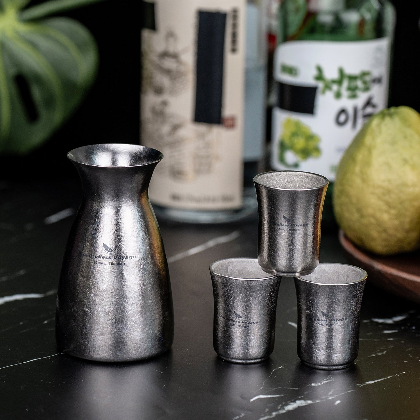 Boundless Voyage Titanium Sake Set – 120ml Sake Carafe & 15ml Cup, Ultralight TA1 Titanium Drinkware for Sake, Whiskey & Spirits