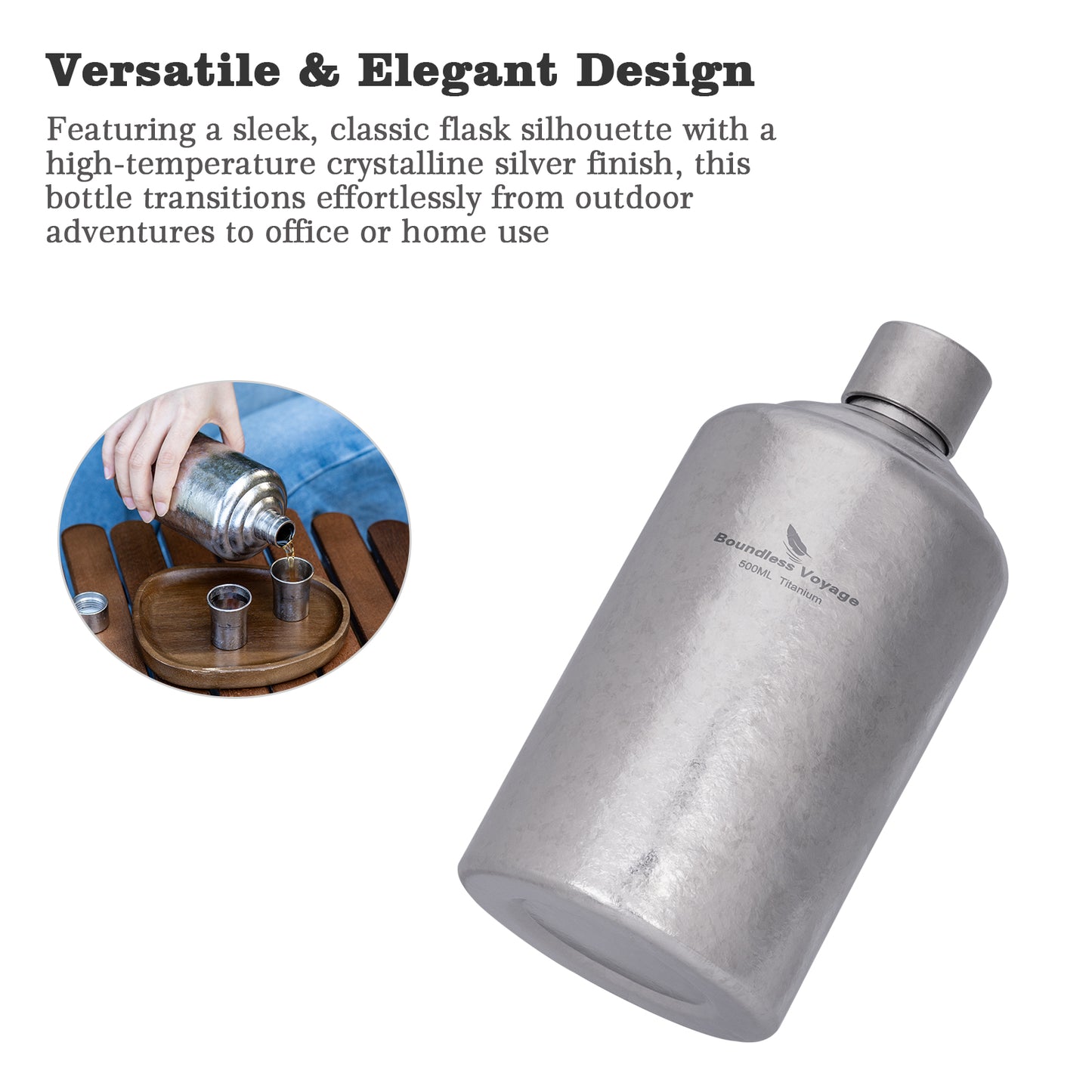 Boundless Voyage 500ml Pure Titanium Hip Flask | Ultralight Leakproof Whiskey & Spirit Bottle | Coating-Free Healthy Liquor Flask for Camping, Hiking & Travel