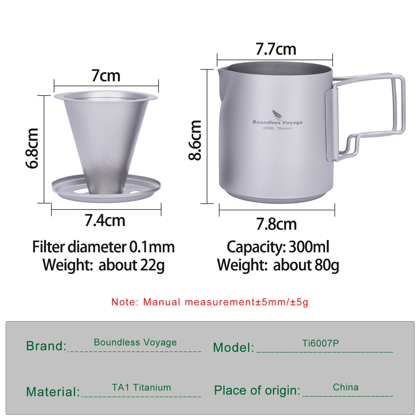Boundless Voyage Titanium Pour Over Coffee Maker Set – 300ml Portable Camping Mug with Detachable Dripper