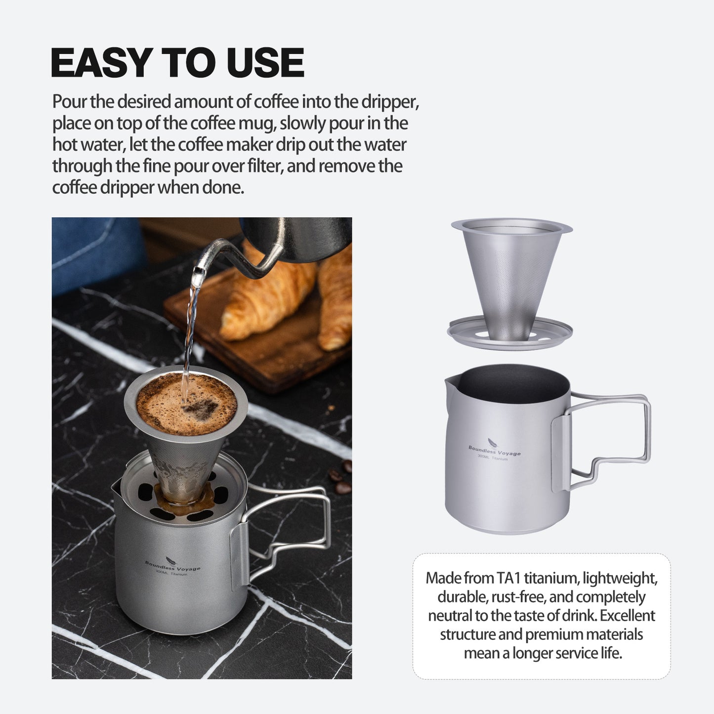 Boundless Voyage Titanium Pour Over Coffee Maker Set – 300ml Portable Camping Mug with Detachable Dripper