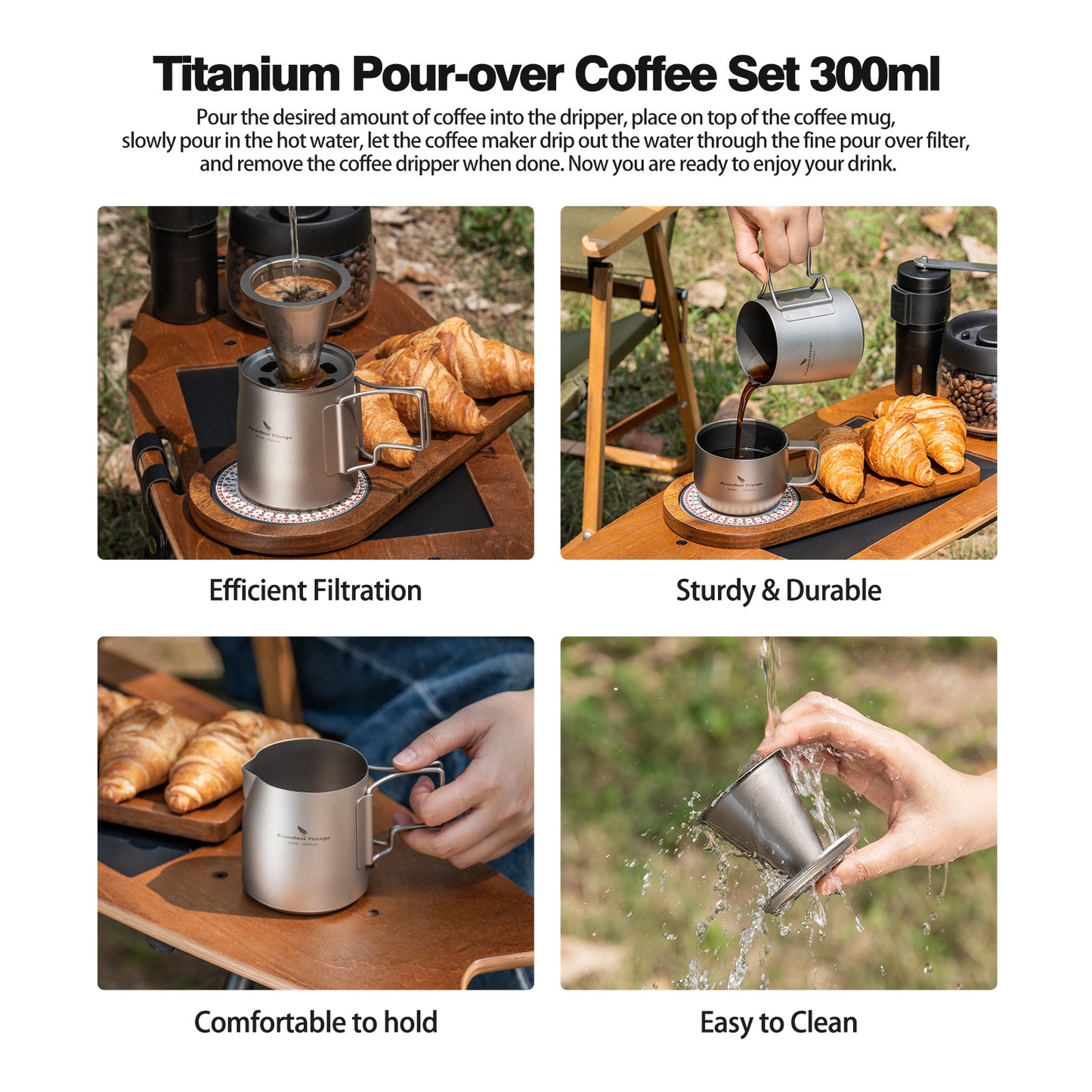 Boundless Voyage Titanium Pour Over Coffee Maker Set – 300ml Portable Camping Mug with Detachable Dripper