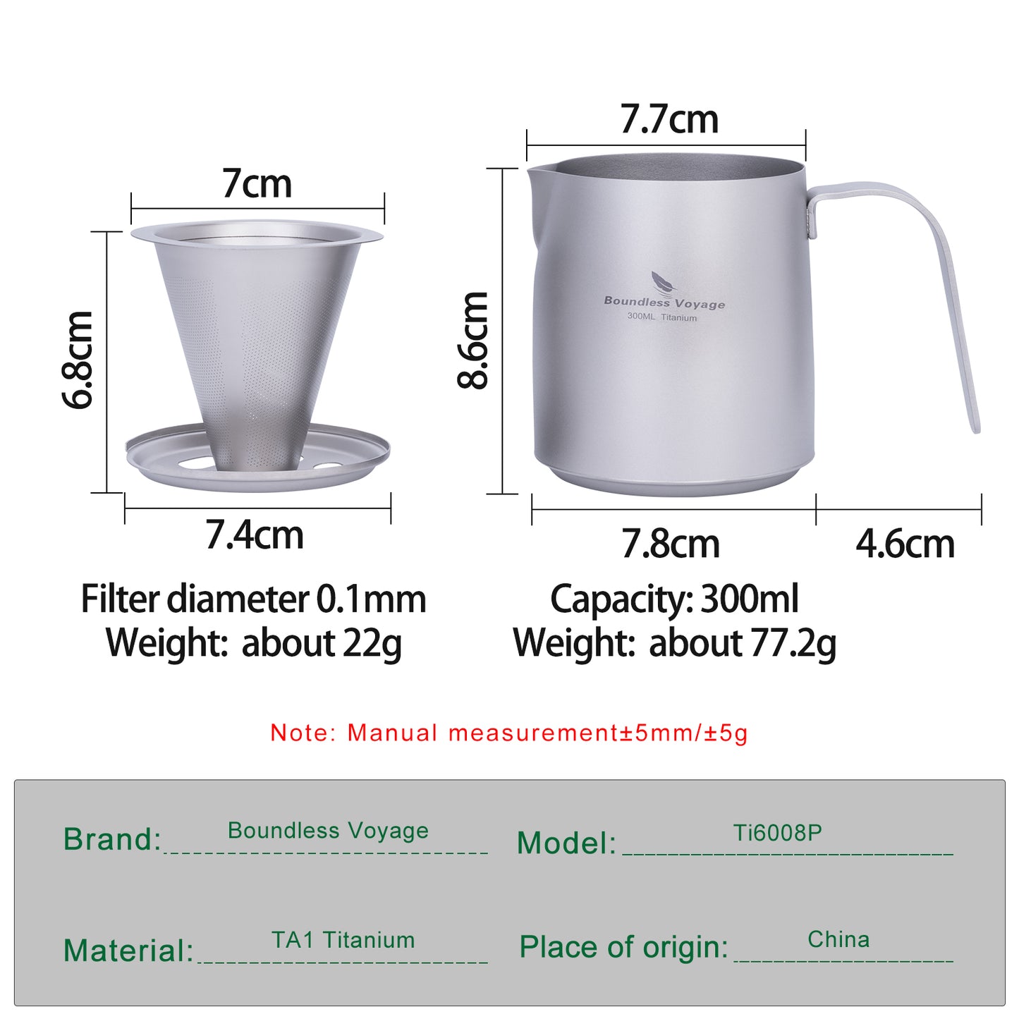 Boundless Voyage Titanium Pour-over Coffee Maker Set – 300ml Camping Mug with Detachable Dripper, Ultralight Portable Outdoor Coffee Brewer