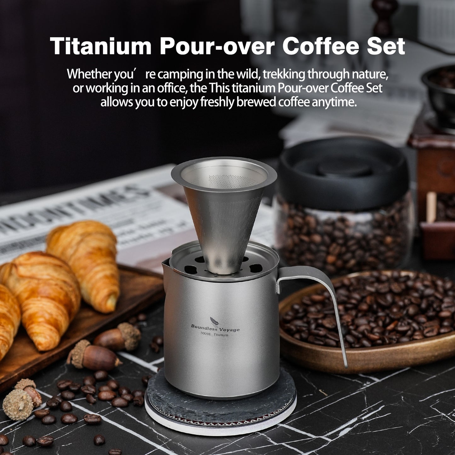 Boundless Voyage Titanium Pour-over Coffee Maker Set – 300ml Camping Mug with Detachable Dripper, Ultralight Portable Outdoor Coffee Brewer