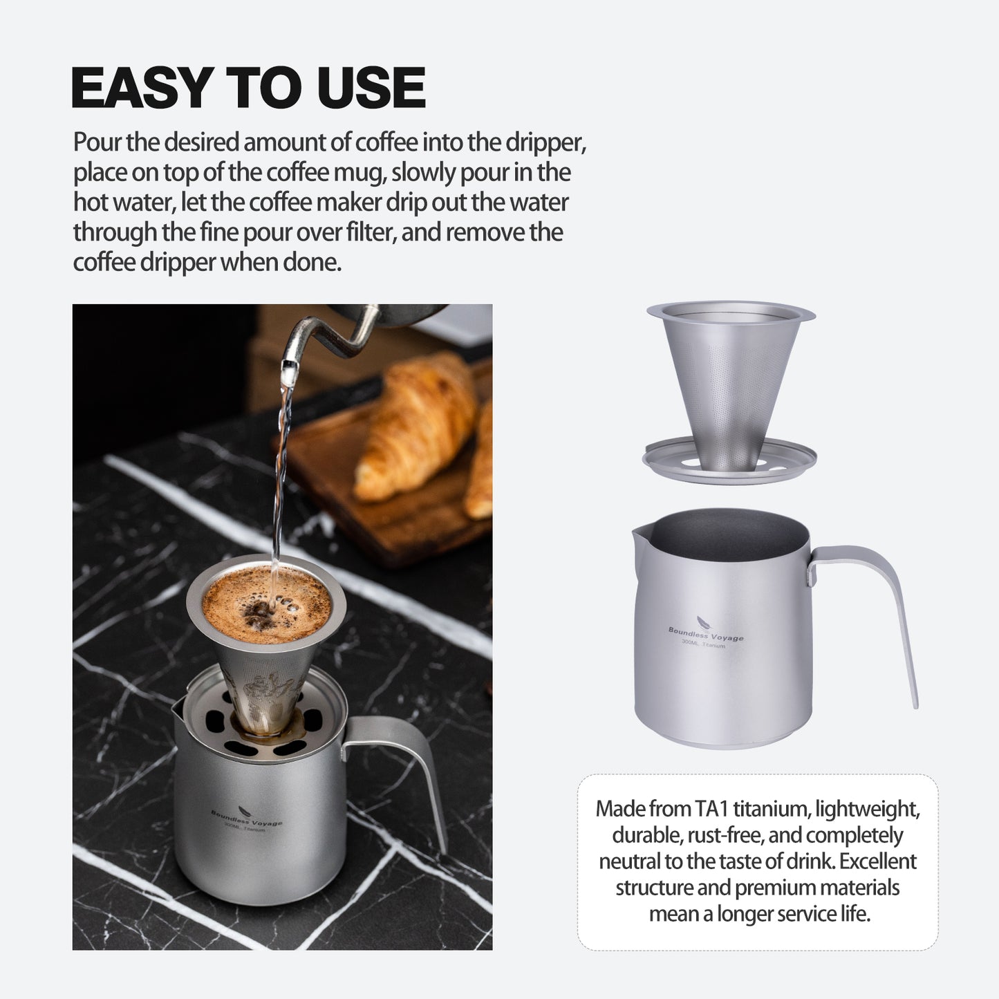 Boundless Voyage Titanium Pour-over Coffee Maker Set – 300ml Camping Mug with Detachable Dripper, Ultralight Portable Outdoor Coffee Brewer