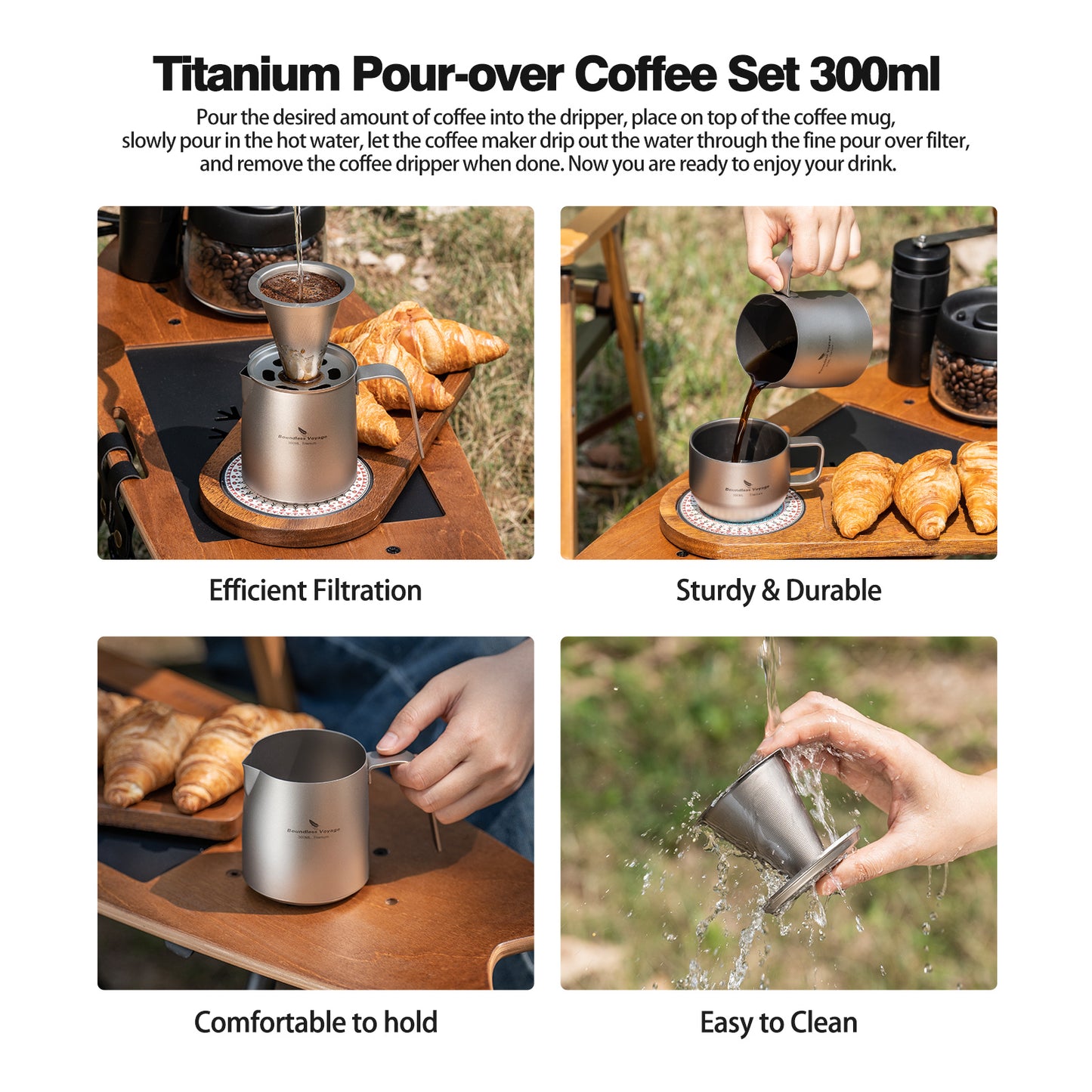 Boundless Voyage Titanium Pour-over Coffee Maker Set – 300ml Camping Mug with Detachable Dripper, Ultralight Portable Outdoor Coffee Brewer