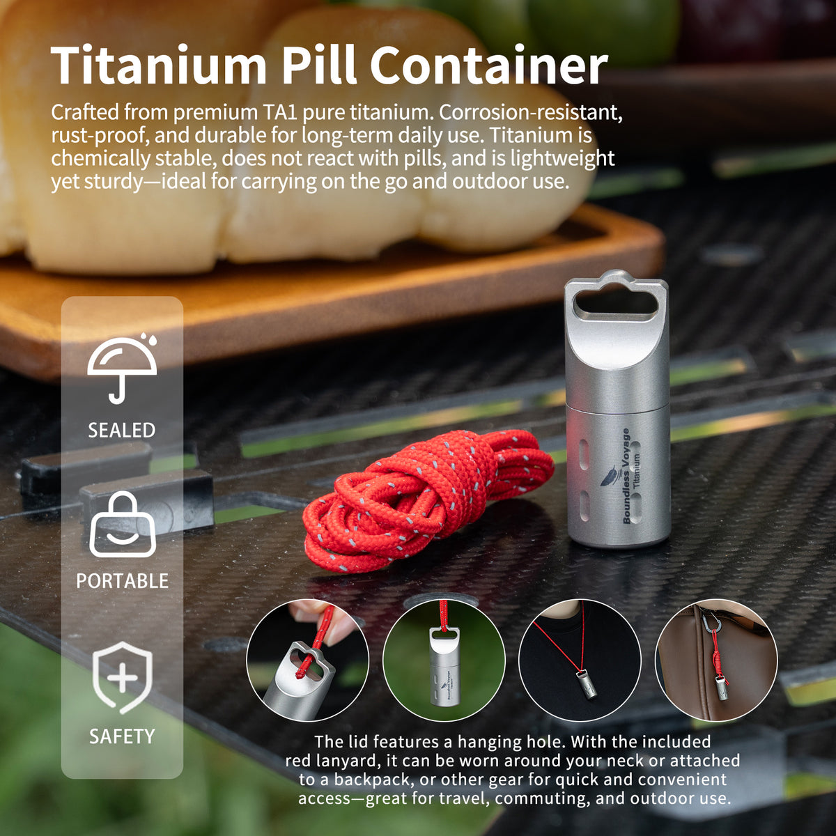 Boundless Voyage Titanium Pill Holder with Lanyard – Waterproof Mini Travel Pill Case, Ultralight Portable Container