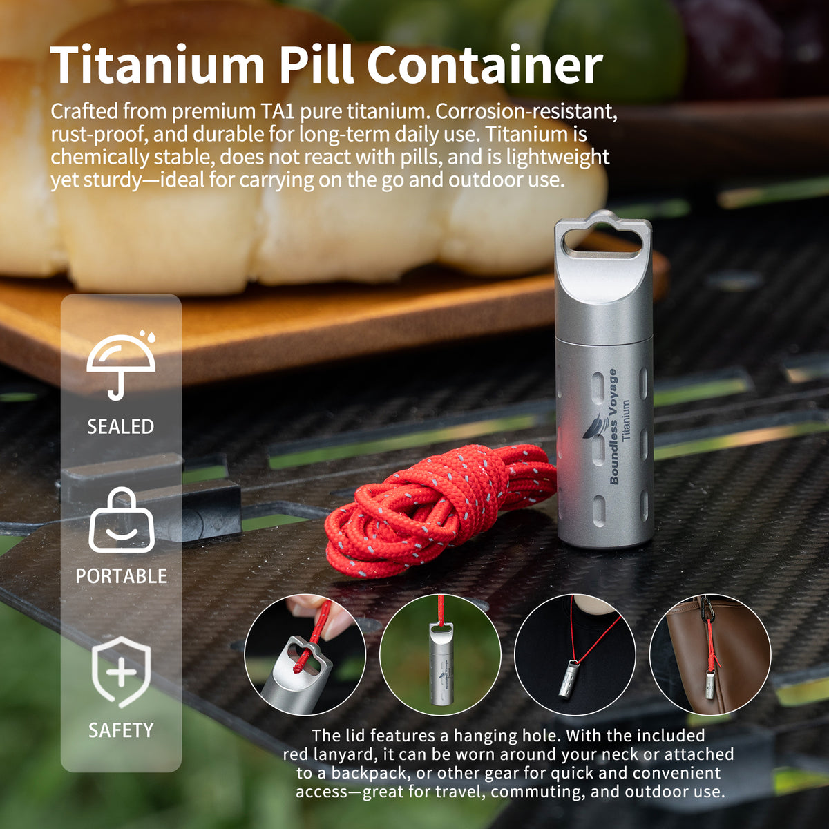 Boundless Voyage Titanium Pill Holder with Lanyard – Waterproof Mini Travel Pill Case, Lightweight Portable EDC Container
