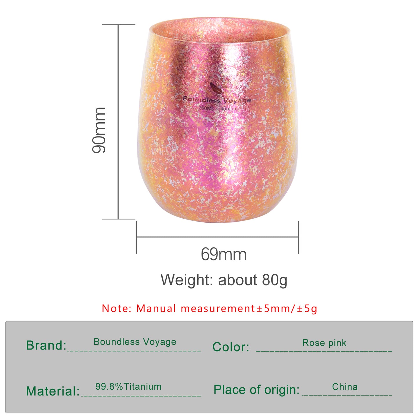 Boundless Voyage 260ml Double-Wall Titanium Cup – Colorful Insulated Mug with Ice Texture, Ultralight TA1 Titanium Coffee Tea Cup for Camping, Beer & Travel