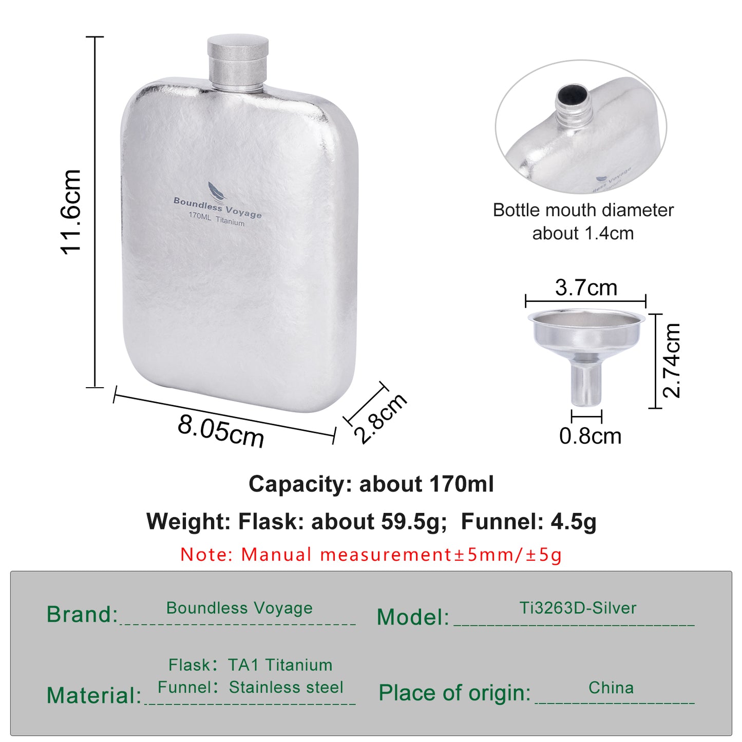 Boundless Voyage Titanium Hip Flask – Ultralight Pocket Liquor Bottle for Whiskey, Vodka, Wine | Outdoor Travel Drinkware