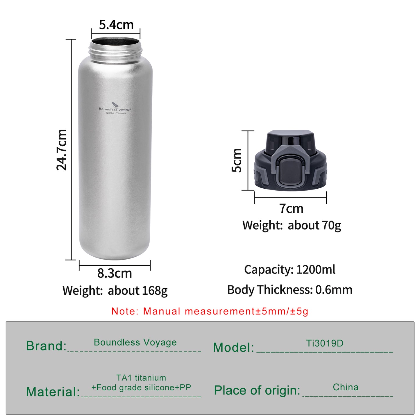 Boundless Voyage 1200ml Titanium Water Bottle with Dual Lids – Wide Mouth Leakproof Outdoor Bottle for Camping, Hiking, Gym & Travel