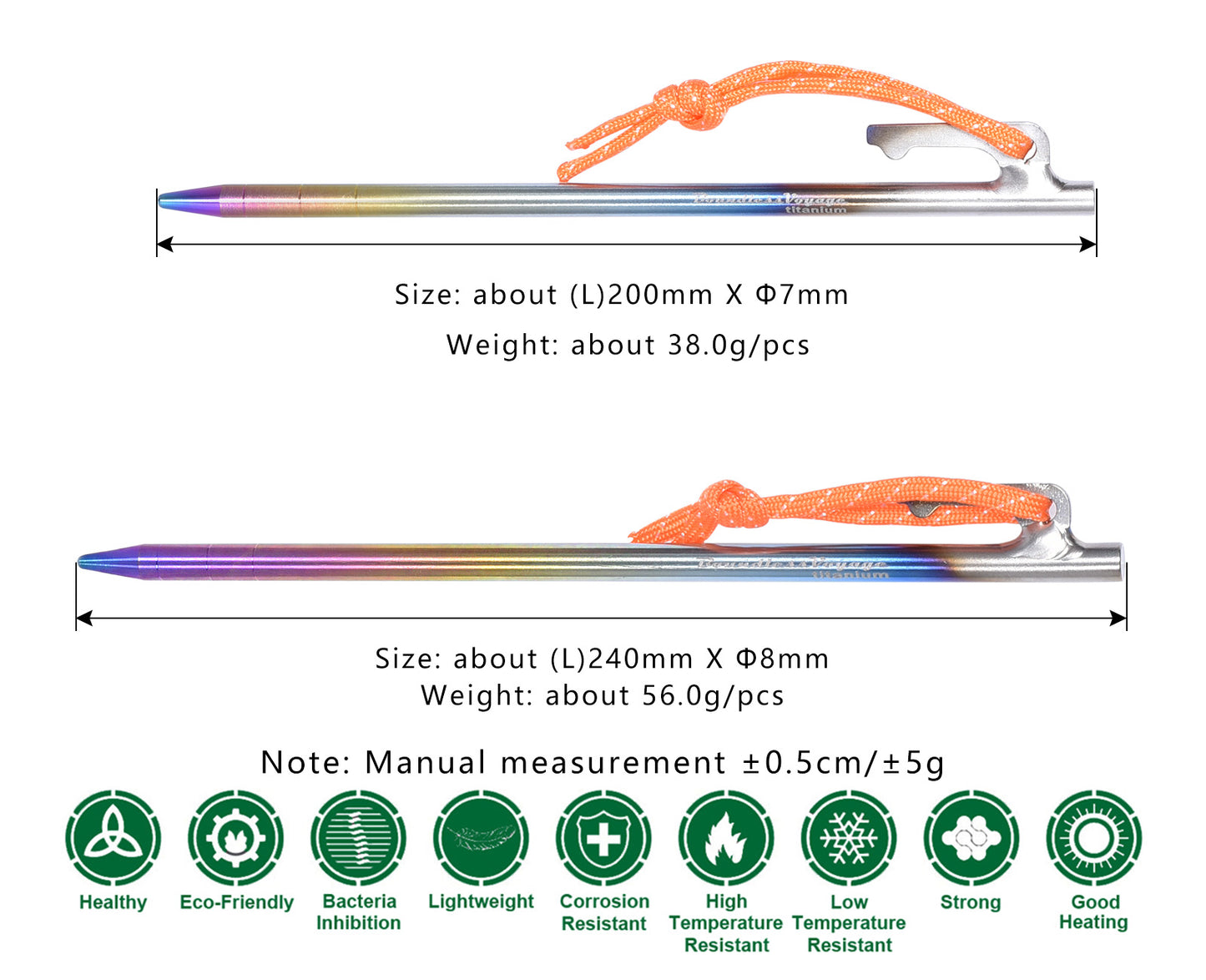 Boundless Voyage Colorful Titanium Alloy Tent Stakes – Ultralight Strong Camping Pegs (20cm / 24cm / 30cm / 35cm / 40cm)