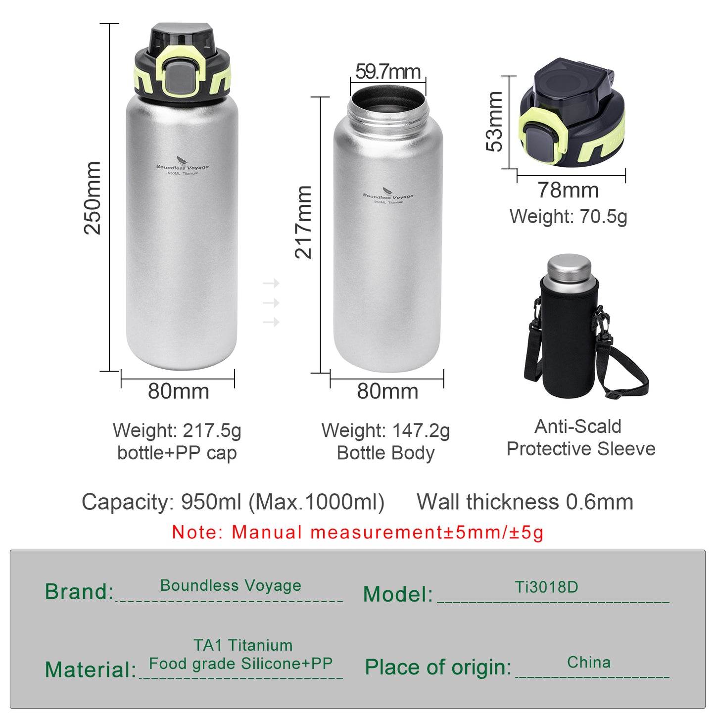 Boundless Voyage 950ml Titanium Water Bottle with Lids – TA1 Ultralight Wide Mouth Canteen for Hiking, Camping & Travel