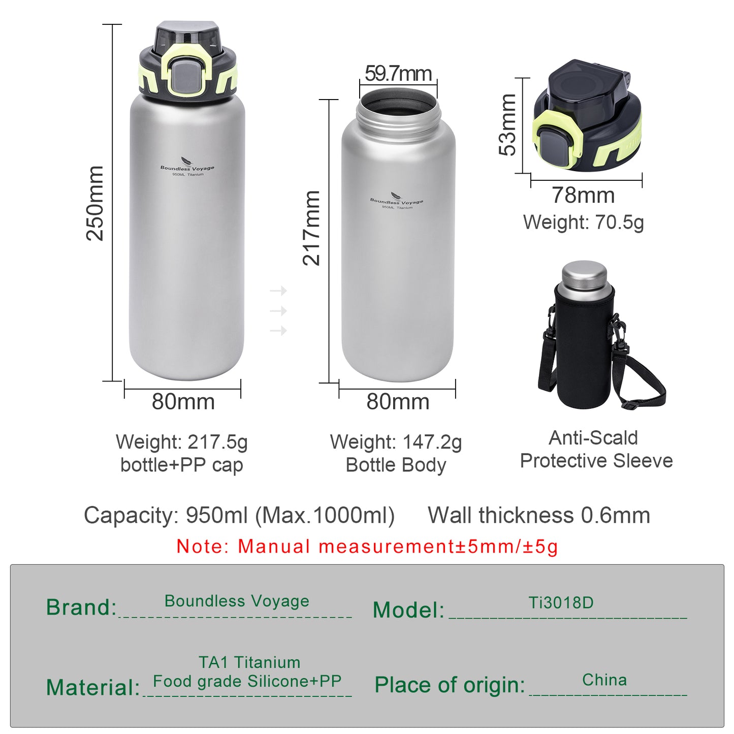Boundless Voyage 950ml Titanium Water Bottle with Lids – TA1 Ultralight Wide Mouth Canteen for Hiking, Camping & Travel