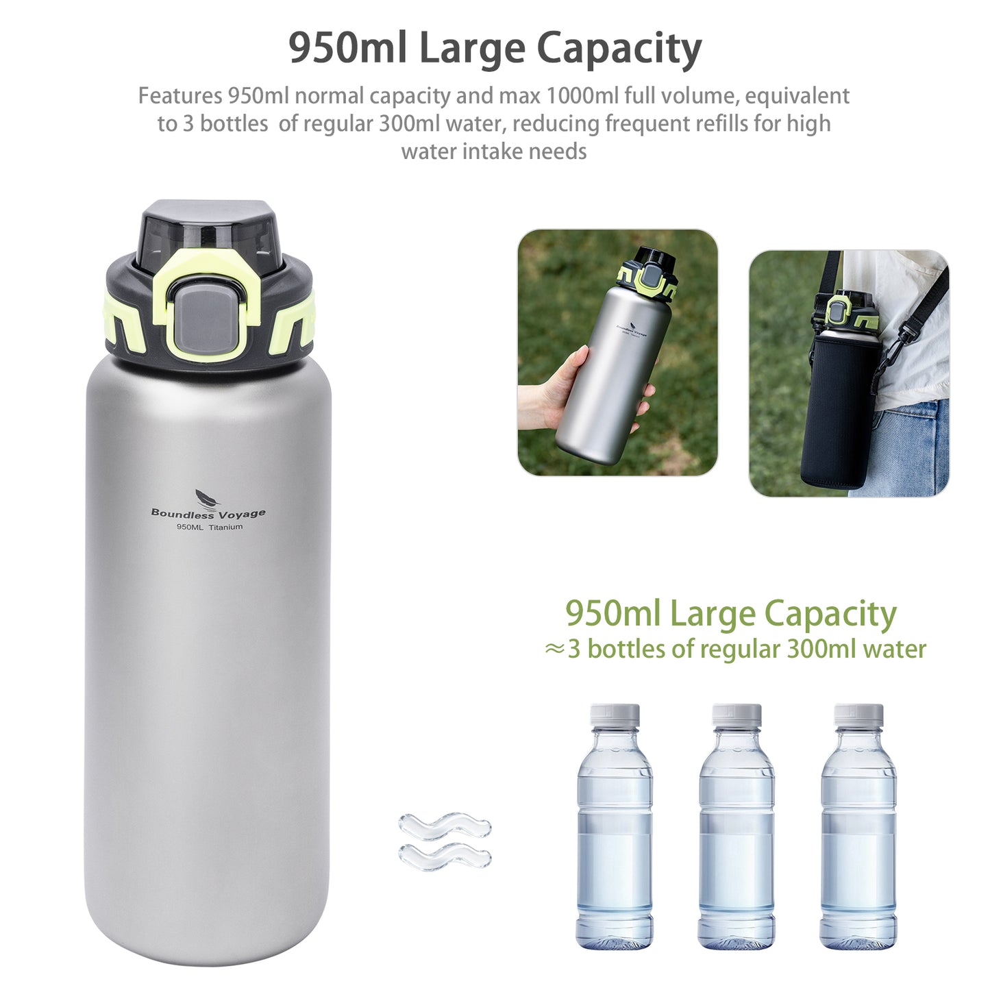 Boundless Voyage 950ml Titanium Water Bottle with Lids – TA1 Ultralight Wide Mouth Canteen for Hiking, Camping & Travel