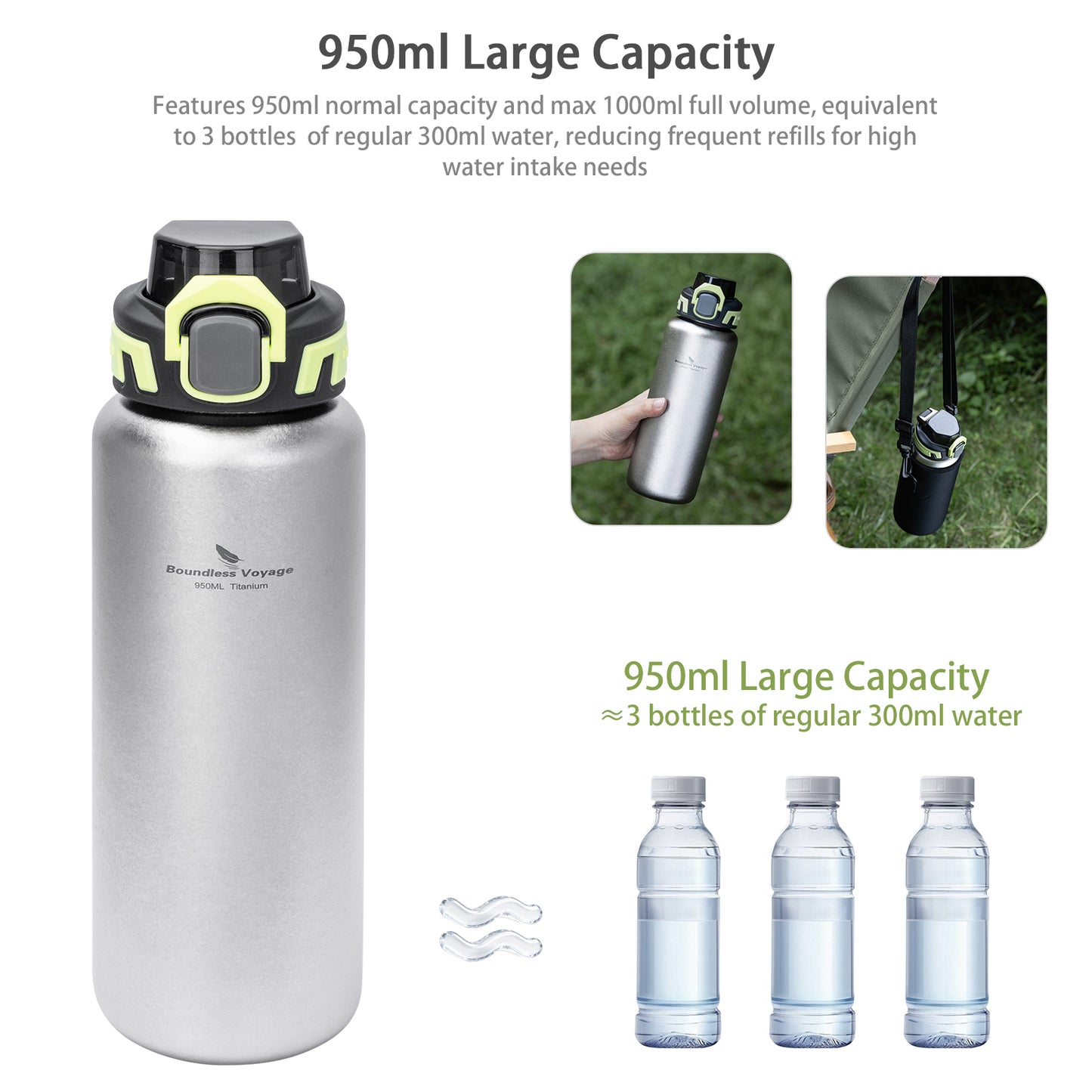 Boundless Voyage 950ml Titanium Water Bottle with Lids – TA1 Ultralight Wide Mouth Canteen for Hiking, Camping & Travel