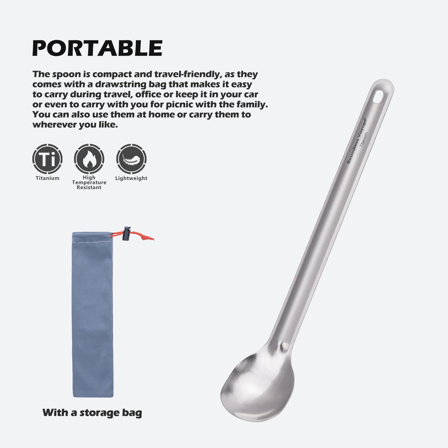 Boundless Voyage Titanium Long Handle Ultralight Spoon Cutlery with Storage Pouch for Camping, Travel & Home Use