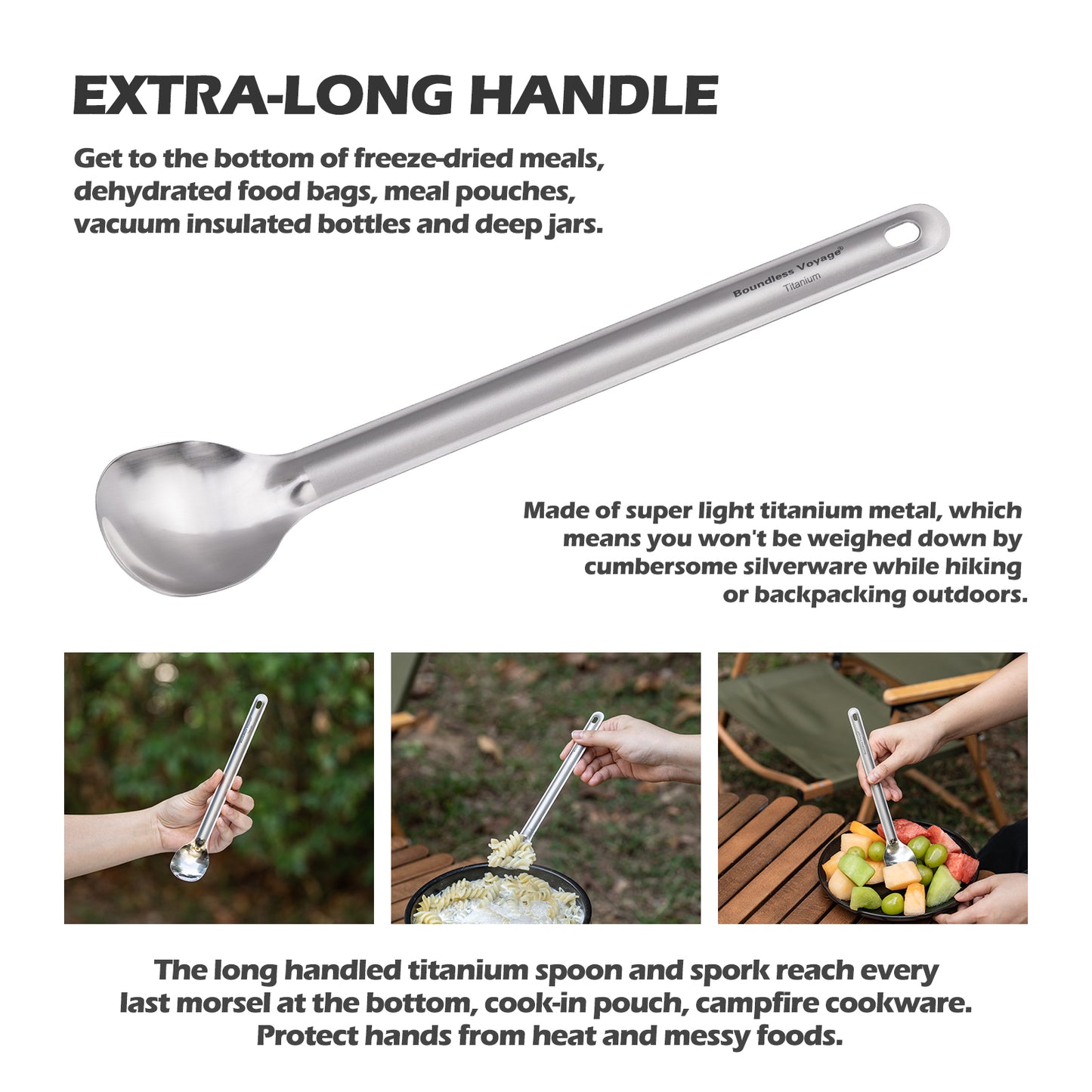 Boundless Voyage Titanium Long Handle Ultralight Spoon Cutlery with Storage Pouch for Camping, Travel & Home Use