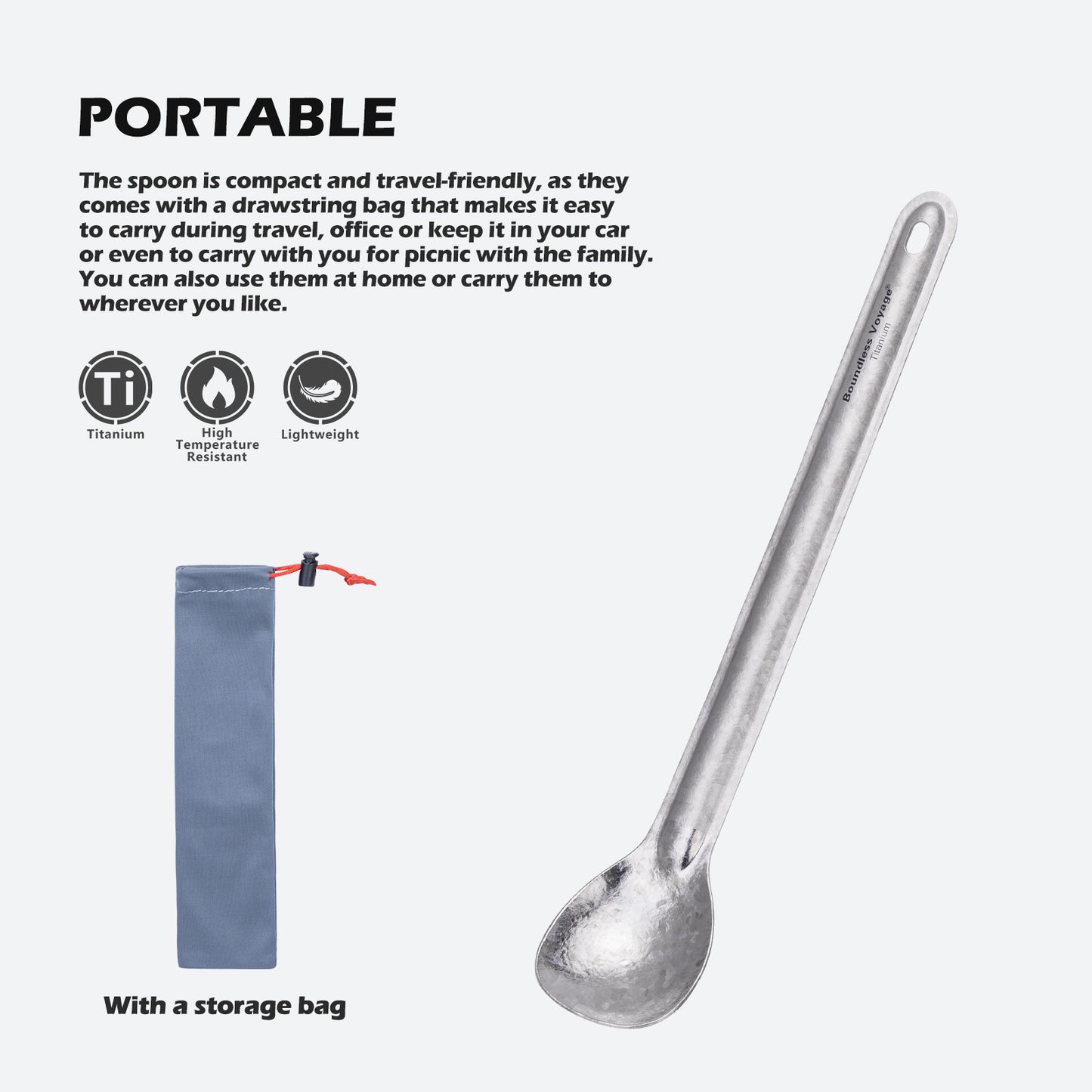 Boundless Voyage Titanium Long Handle Ultralight Spoon Cutlery with Storage Pouch for Camping, Travel & Home Use