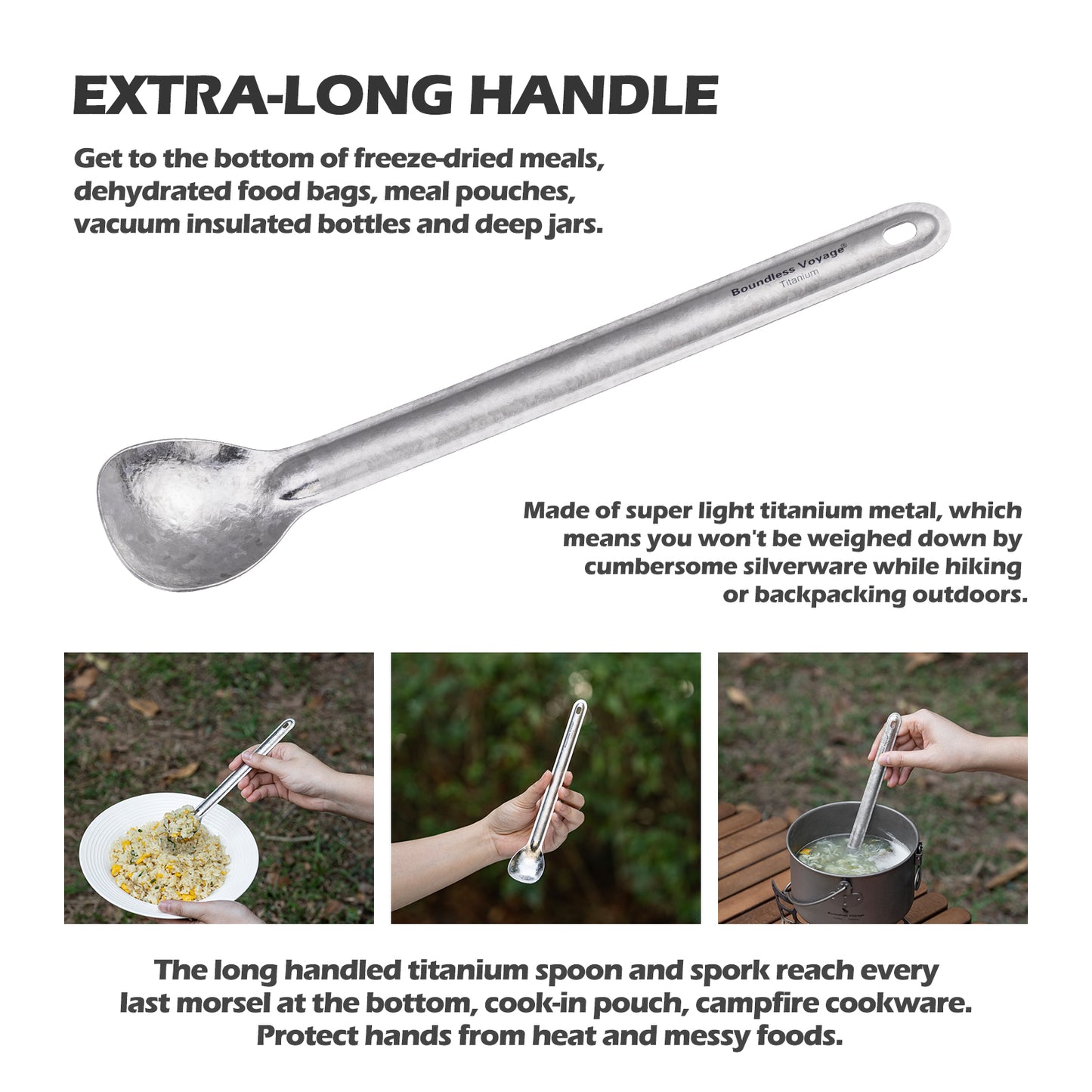 Boundless Voyage Titanium Long Handle Ultralight Spoon Cutlery with Storage Pouch for Camping, Travel & Home Use