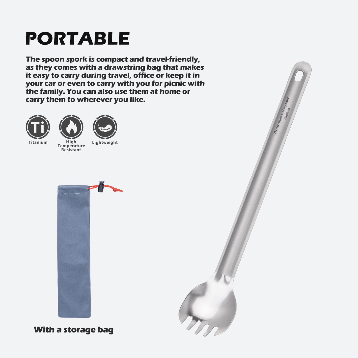 Boundless Voyage Titanium Long Handle Spork Ultralight Spoon & Fork Cutlery with Storage Pouch for Camping Travel & Home Use