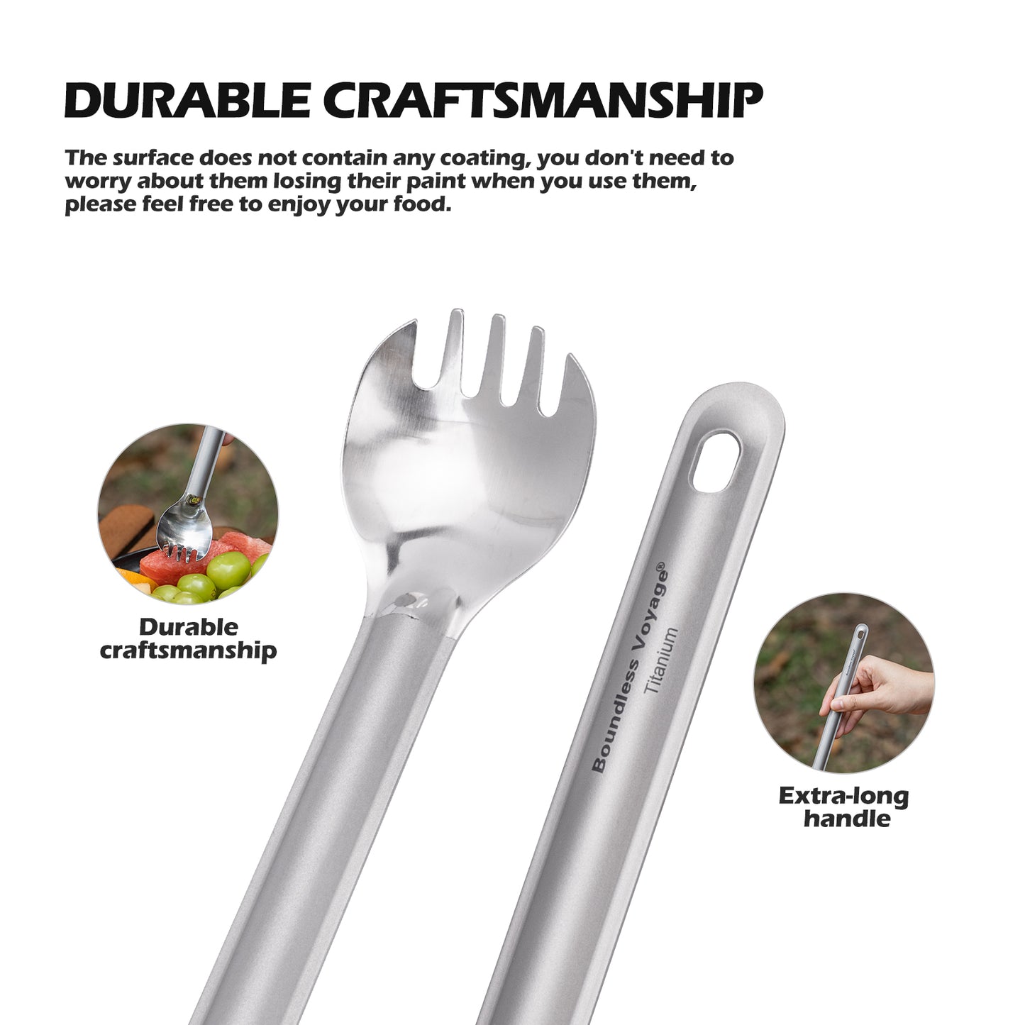 Boundless Voyage Titanium Long Handle Spork Ultralight Spoon & Fork Cutlery with Storage Pouch for Camping Travel & Home Use