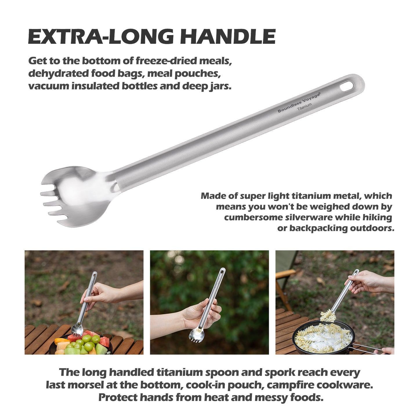 Boundless Voyage Titanium Long Handle Spork Ultralight Spoon & Fork Cutlery with Storage Pouch for Camping Travel & Home Use