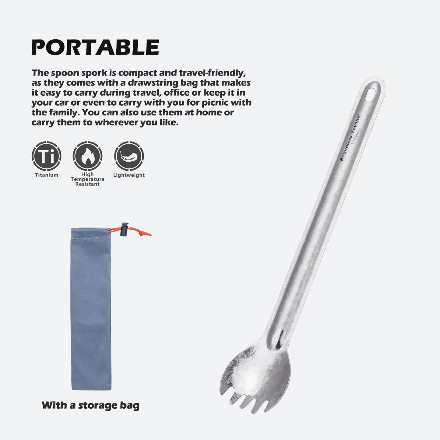 Boundless Voyage Titanium Long Handle Spork Ultralight Spoon & Fork Cutlery with Storage Pouch for Camping Travel & Home Use