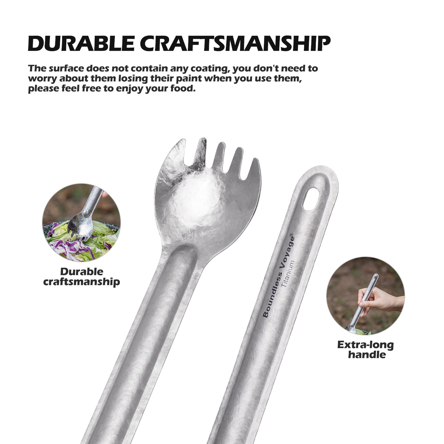 Boundless Voyage Titanium Long Handle Spork Ultralight Spoon & Fork Cutlery with Storage Pouch for Camping Travel & Home Use