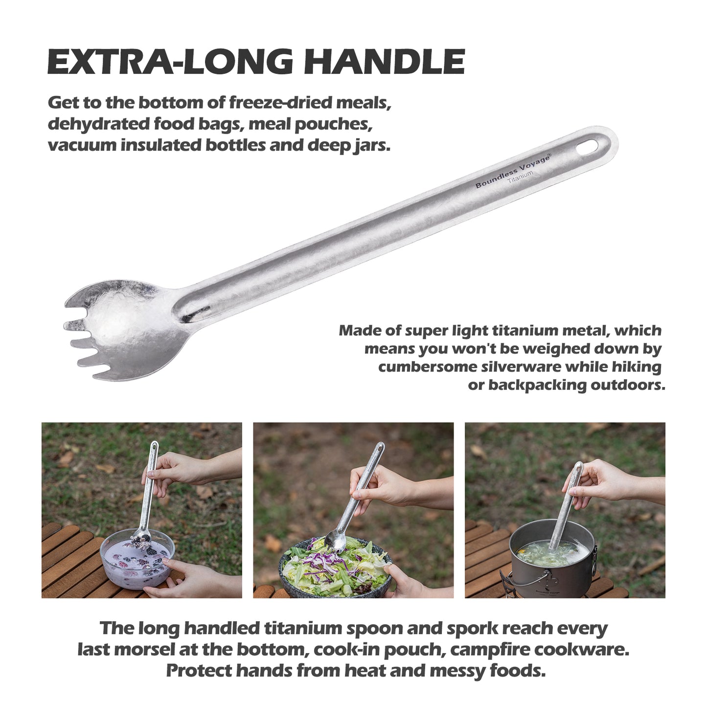 Boundless Voyage Titanium Long Handle Spork Ultralight Spoon & Fork Cutlery with Storage Pouch for Camping Travel & Home Use
