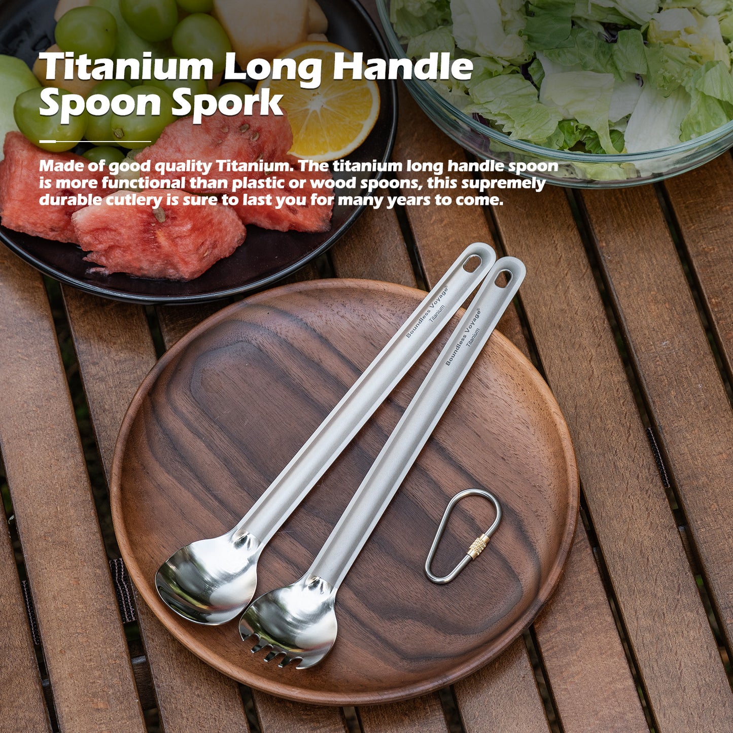 Boundless Voyage Titanium Long Handle Spork  Ultralight Spoon & Fork Cutlery Set with Storage Pouch for Camping Travel & Home Use