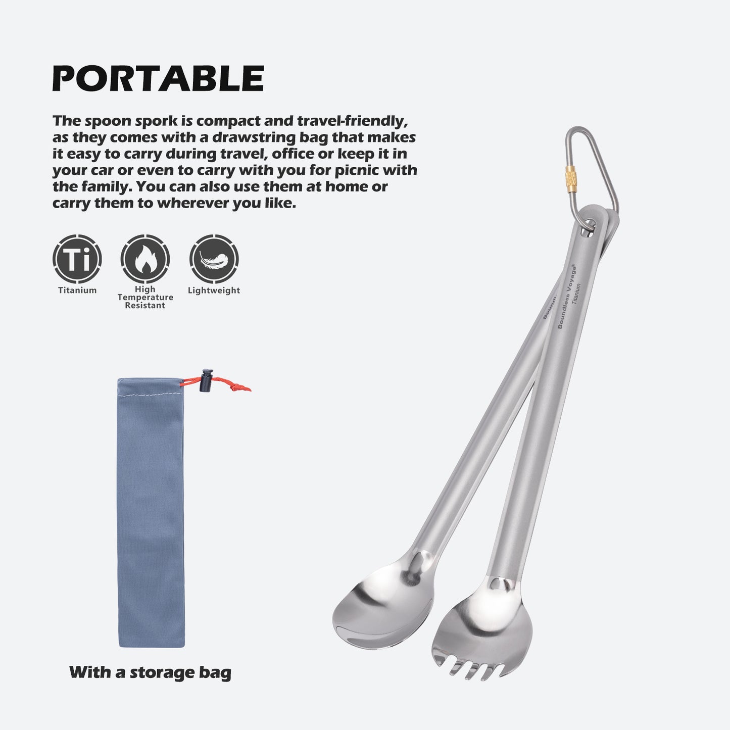 Boundless Voyage Titanium Long Handle Spork  Ultralight Spoon & Fork Cutlery Set with Storage Pouch for Camping Travel & Home Use