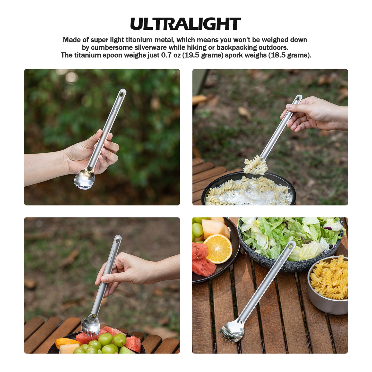 Boundless Voyage Titanium Long Handle Spork  Ultralight Spoon & Fork Cutlery Set with Storage Pouch for Camping Travel & Home Use