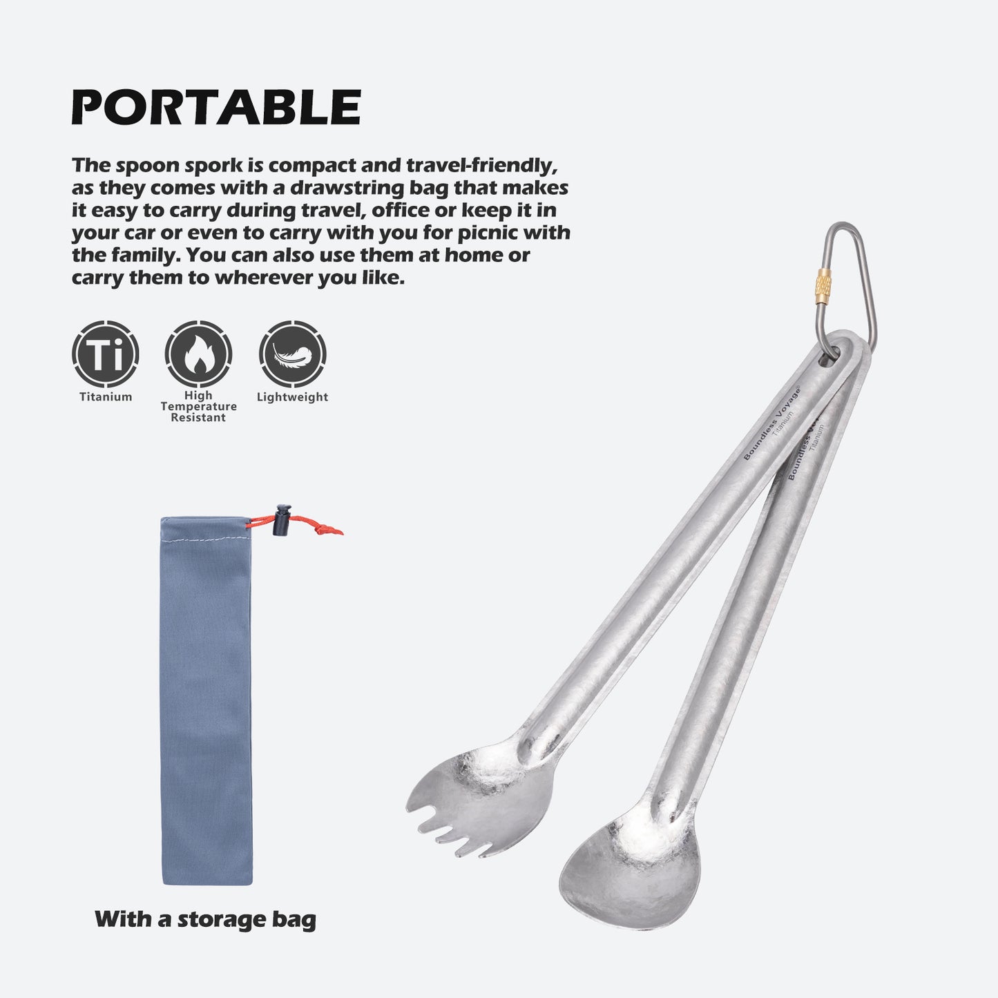 Boundless Voyage Titanium Long Handle Spork  Ultralight Spoon & Fork Cutlery Set with Storage Pouch for Camping Travel & Home Use