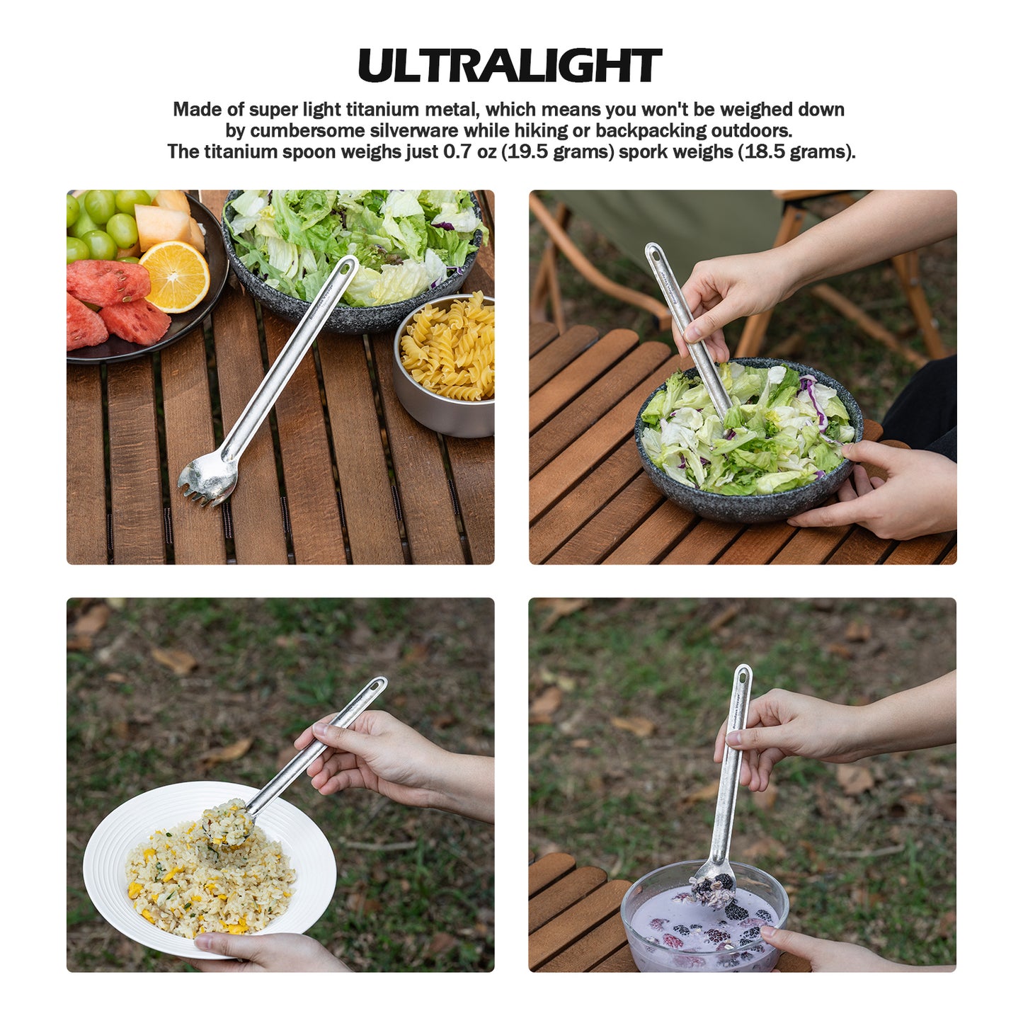 Boundless Voyage Titanium Long Handle Spork  Ultralight Spoon & Fork Cutlery Set with Storage Pouch for Camping Travel & Home Use