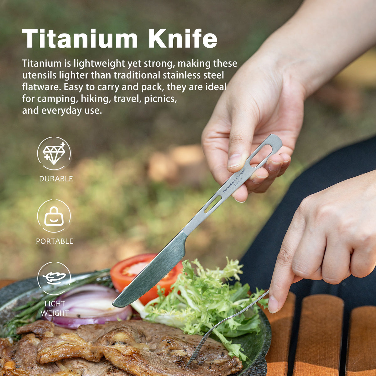 Boundless Voyage Titanium Knife – Ultralight TA1 Titanium Camping Cutlery for Backpacking, Hiking, Travel & Everyday Use