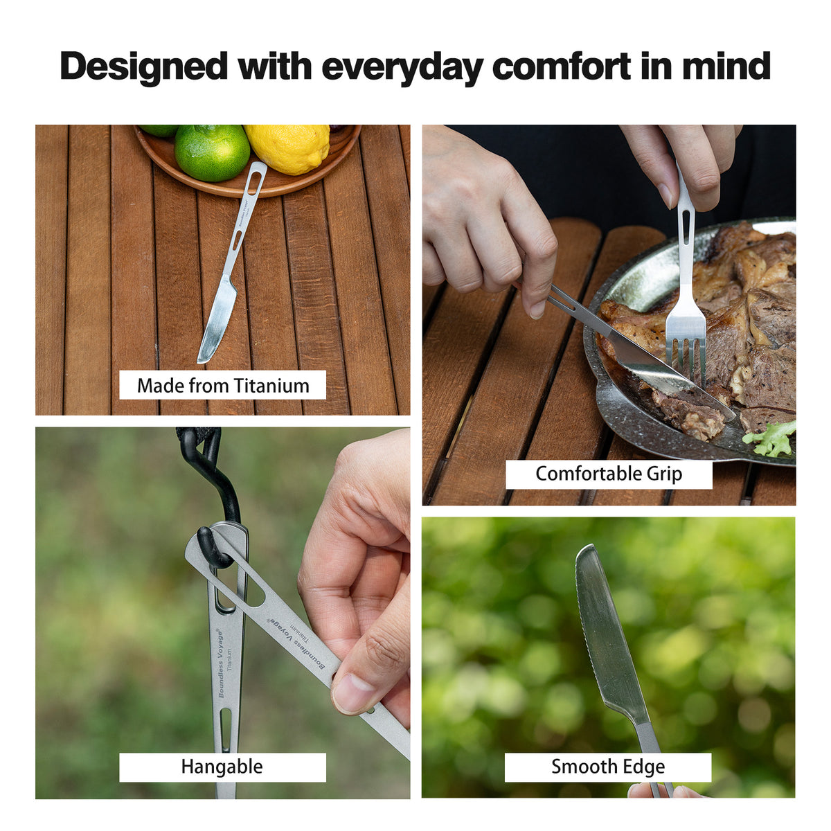 Boundless Voyage Titanium Knife – Ultralight TA1 Titanium Camping Cutlery for Backpacking, Hiking, Travel & Everyday Use