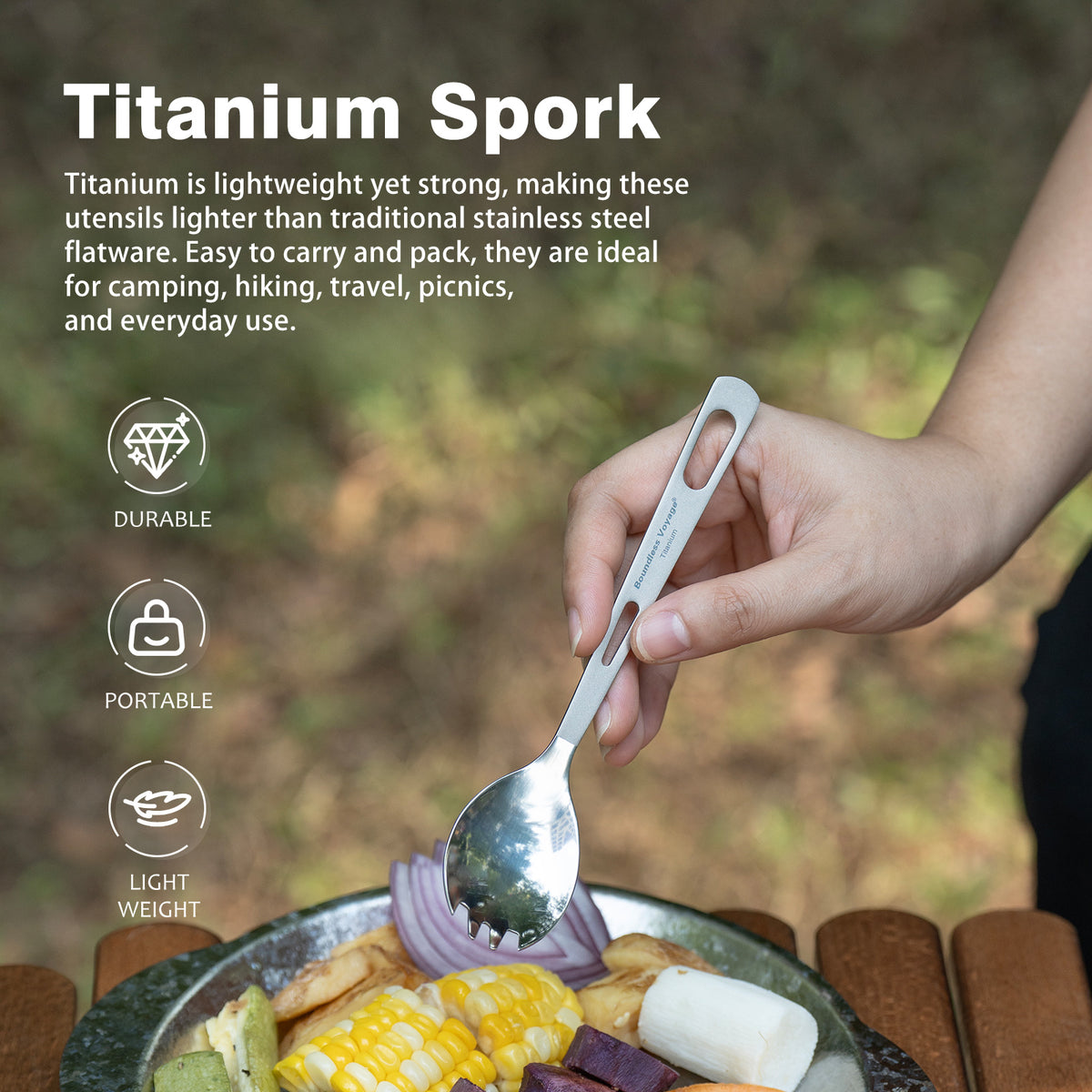 Boundless Voyage Titanium Spork – Ultralight TA1 Titanium Spoon & Fork Combo for Camping, Backpacking, Hiking & Travel