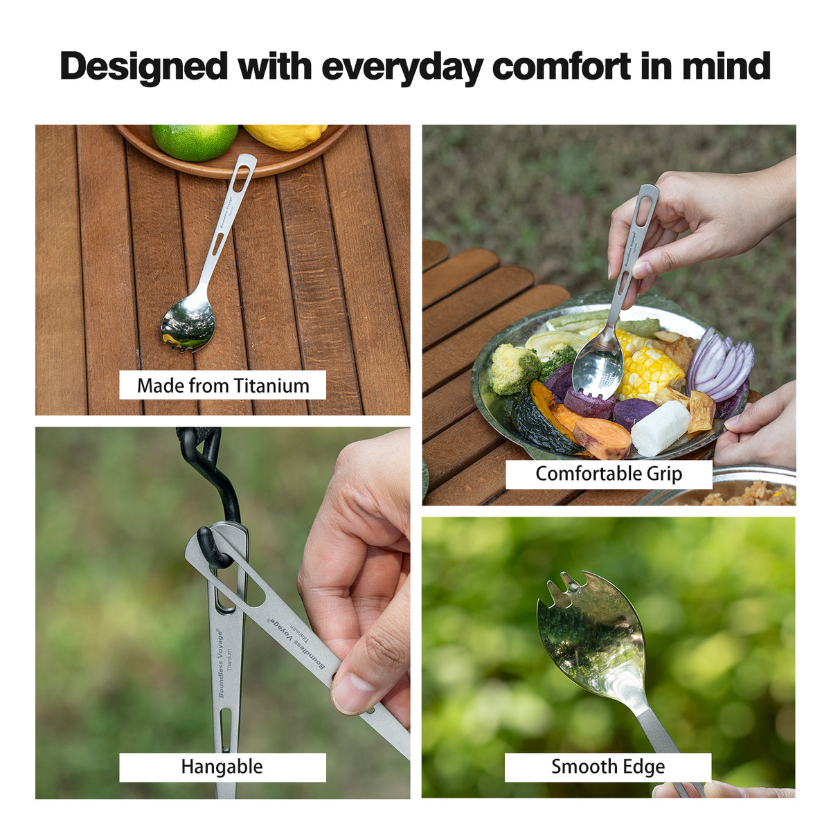Boundless Voyage Titanium Spork – Ultralight TA1 Titanium Spoon & Fork Combo for Camping, Backpacking, Hiking & Travel