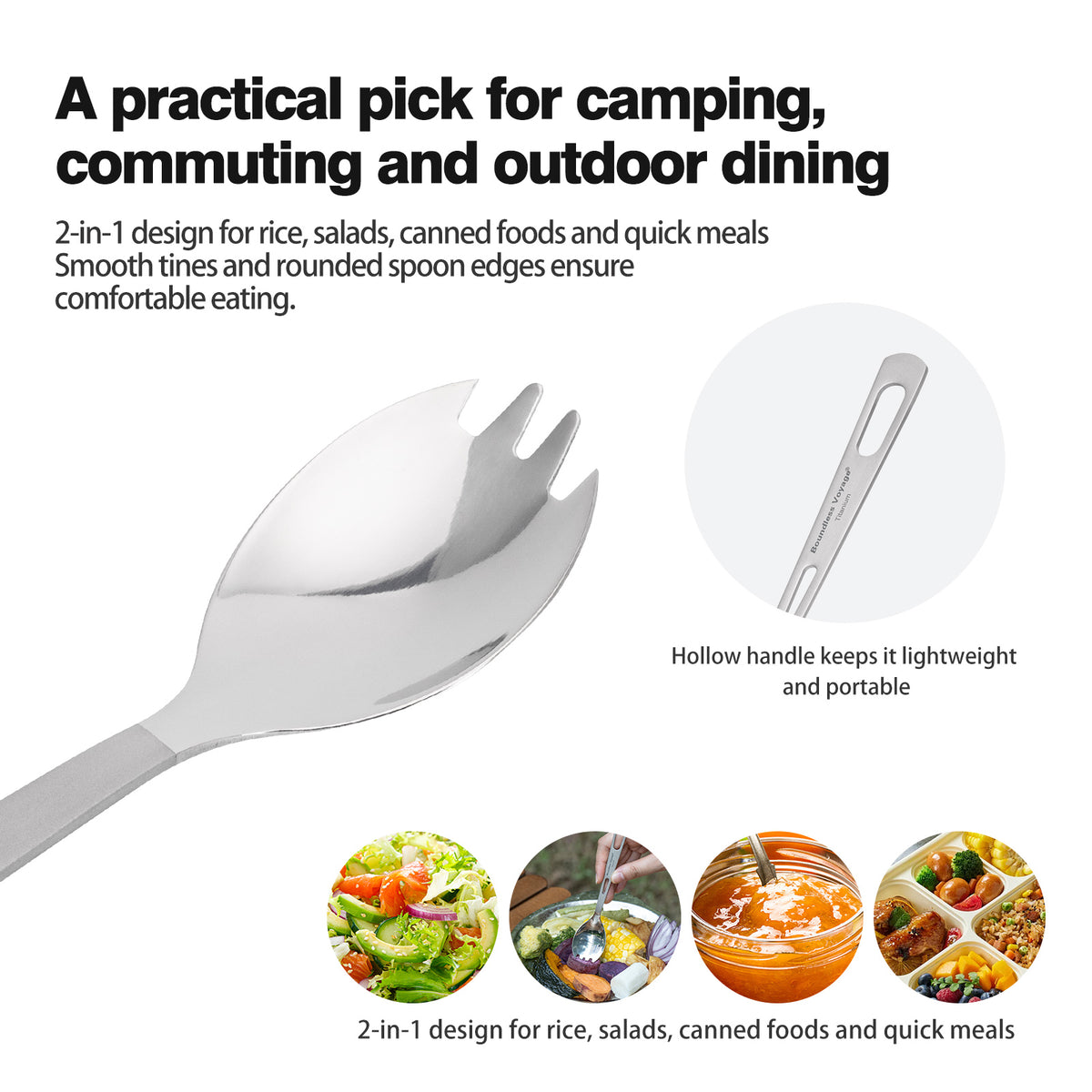 Boundless Voyage Titanium Spork – Ultralight TA1 Titanium Spoon & Fork Combo for Camping, Backpacking, Hiking & Travel