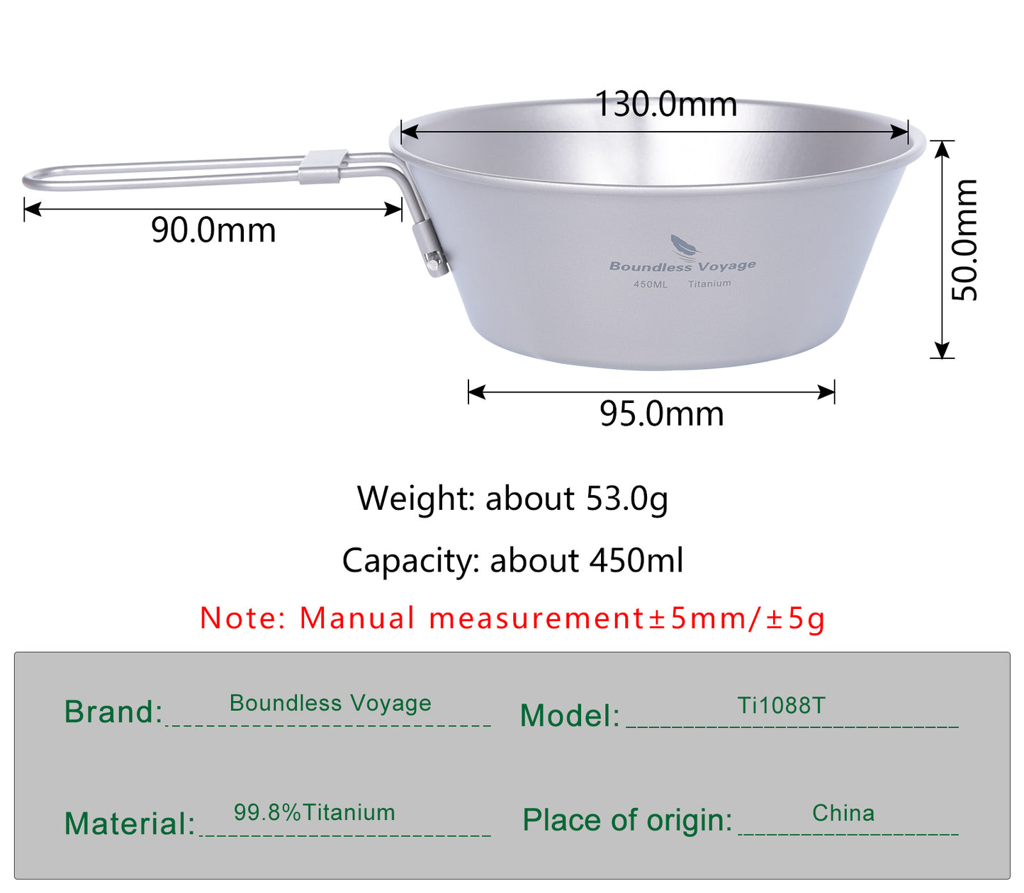 Boundless Voyage Titanium Sierra Cup Bowl with Folding Handle Outdoor Camping Hiking Portable Pan Tableware  450ml