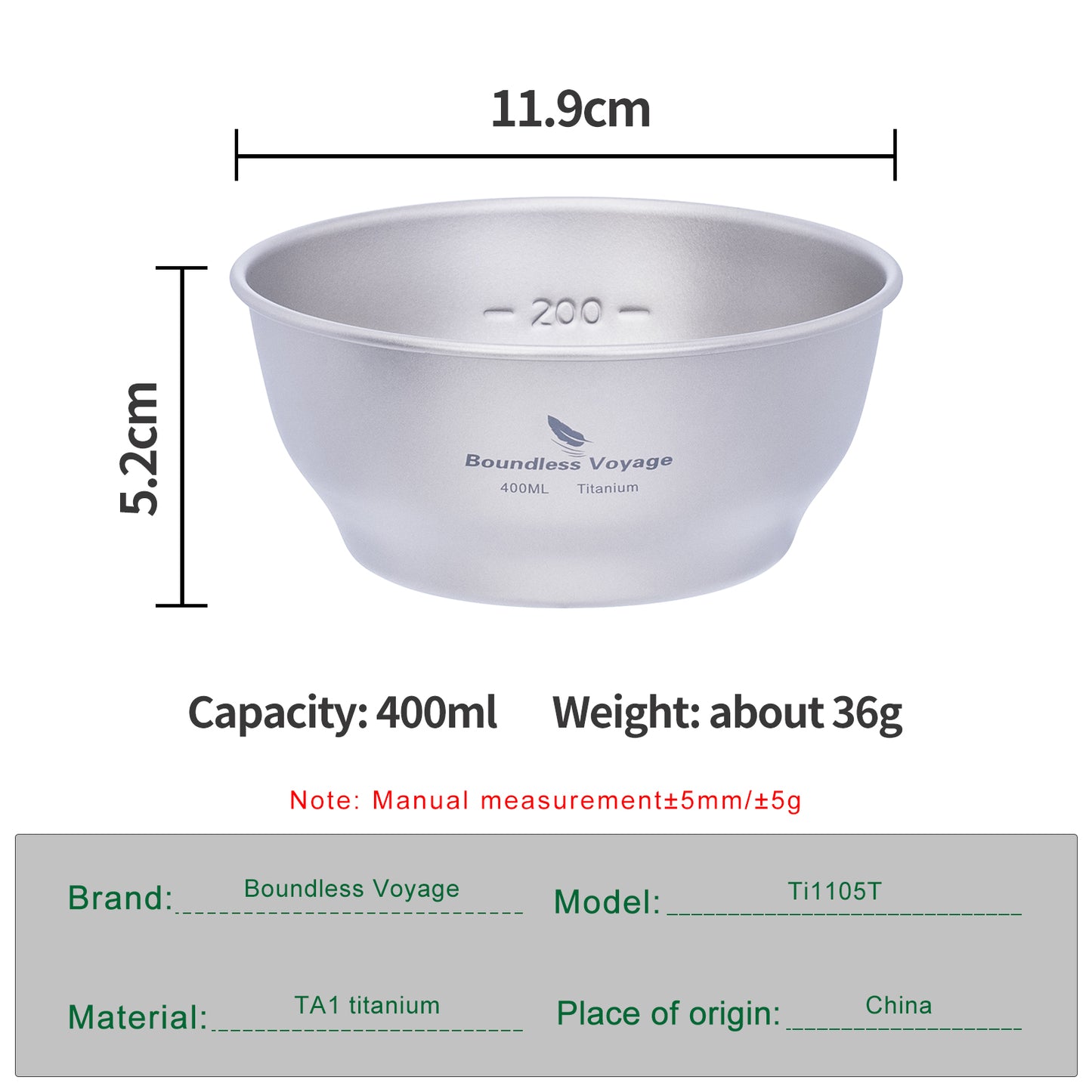Boundless Voyage 400ml Titanium Camping Bowl – Ultralight Single-Wall Outdoor Dish for Hiking, Backpacking & Travel