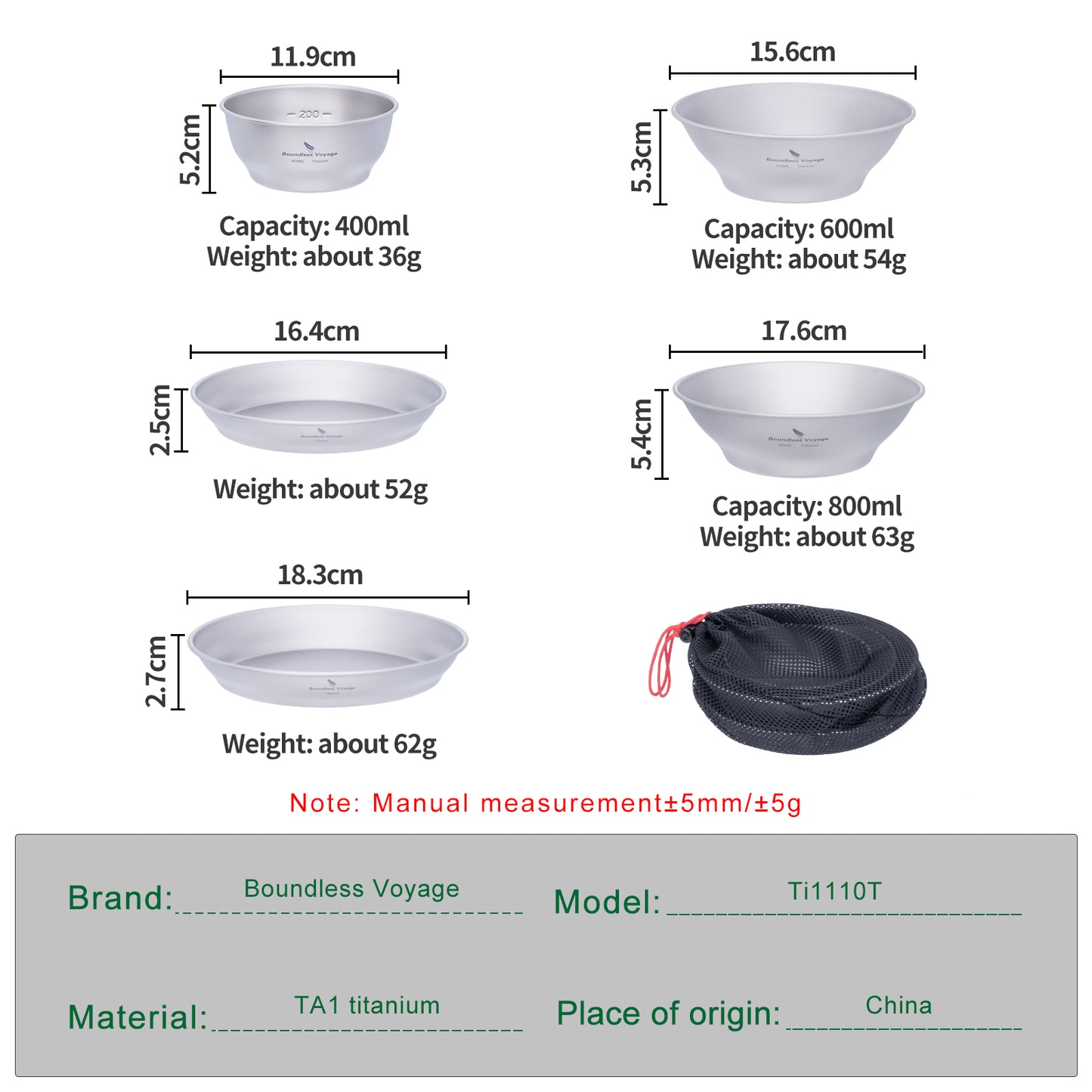 Boundless Voyage Titanium Bowl & Pan Set – Ultralight 5-Piece Camping Tableware Kit for Backpacking, Hiking & Outdoor Dining