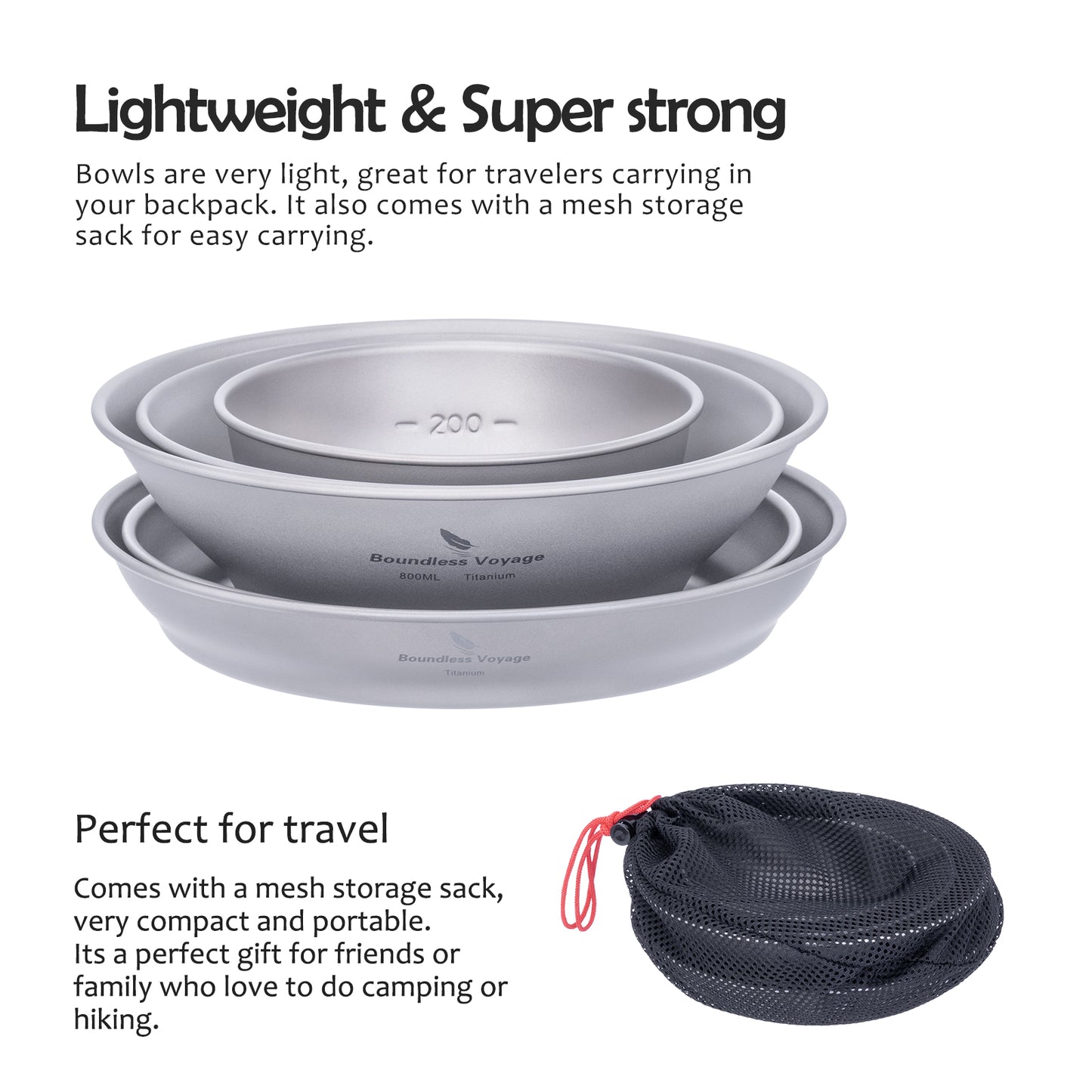 Boundless Voyage Titanium Bowl & Pan Set – Ultralight 5-Piece Camping Tableware Kit for Backpacking, Hiking & Outdoor Dining
