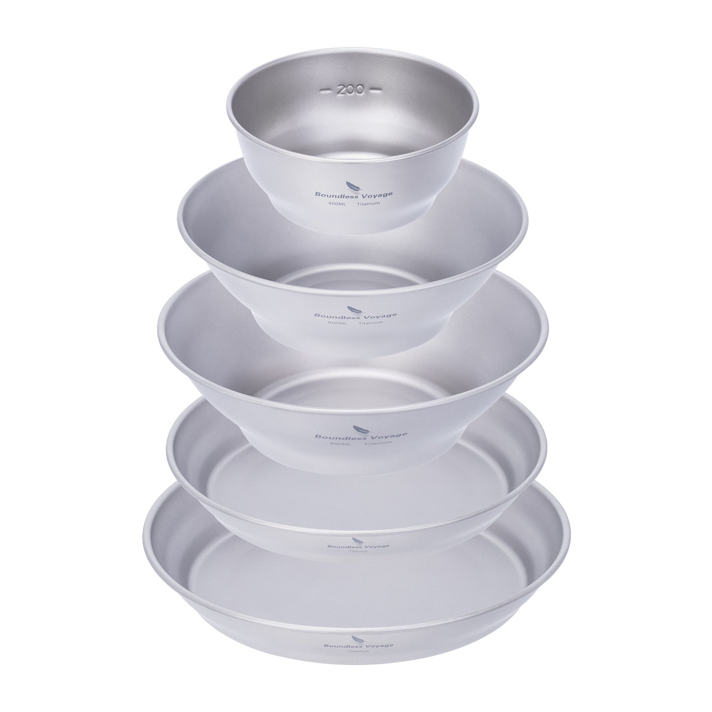 Boundless Voyage Titanium Bowl & Pan Set – Ultralight 5-Piece Camping Tableware Kit for Backpacking, Hiking & Outdoor Dining
