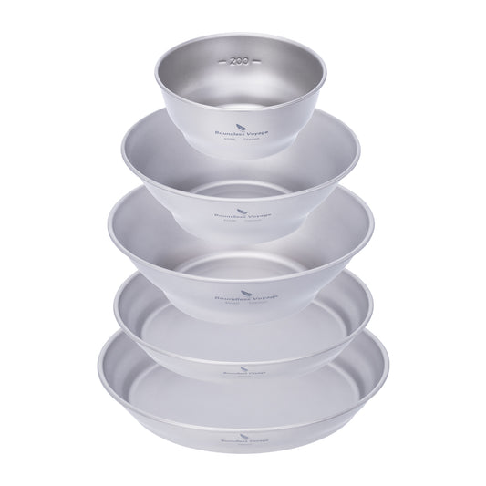 Boundless Voyage Titanium Bowl & Pan Set – Ultralight 5-Piece Camping Tableware Kit for Backpacking, Hiking & Outdoor Dining