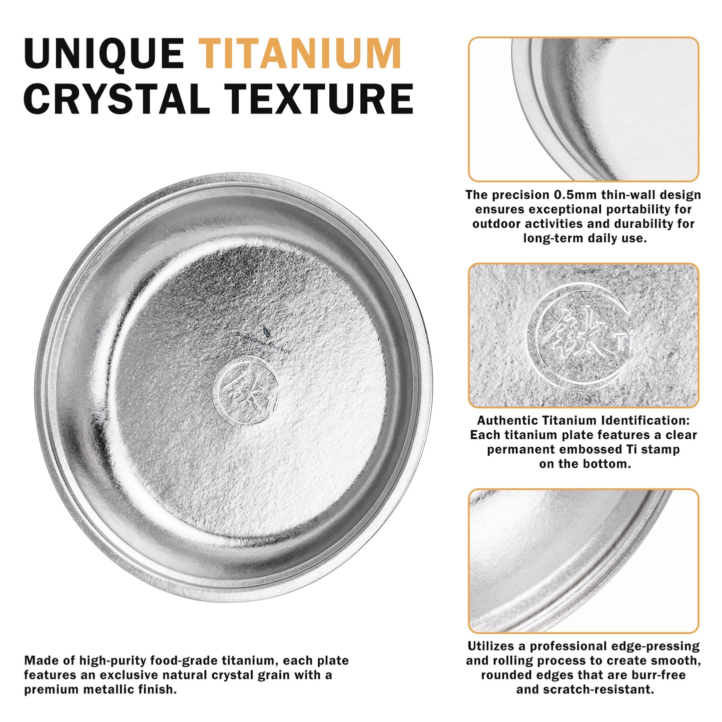 Boundless Voyage Titanium Plate – 0.5mm Ultralight Crystalline TA1 Titanium Dinner Plate for Camping, Picnic & Home