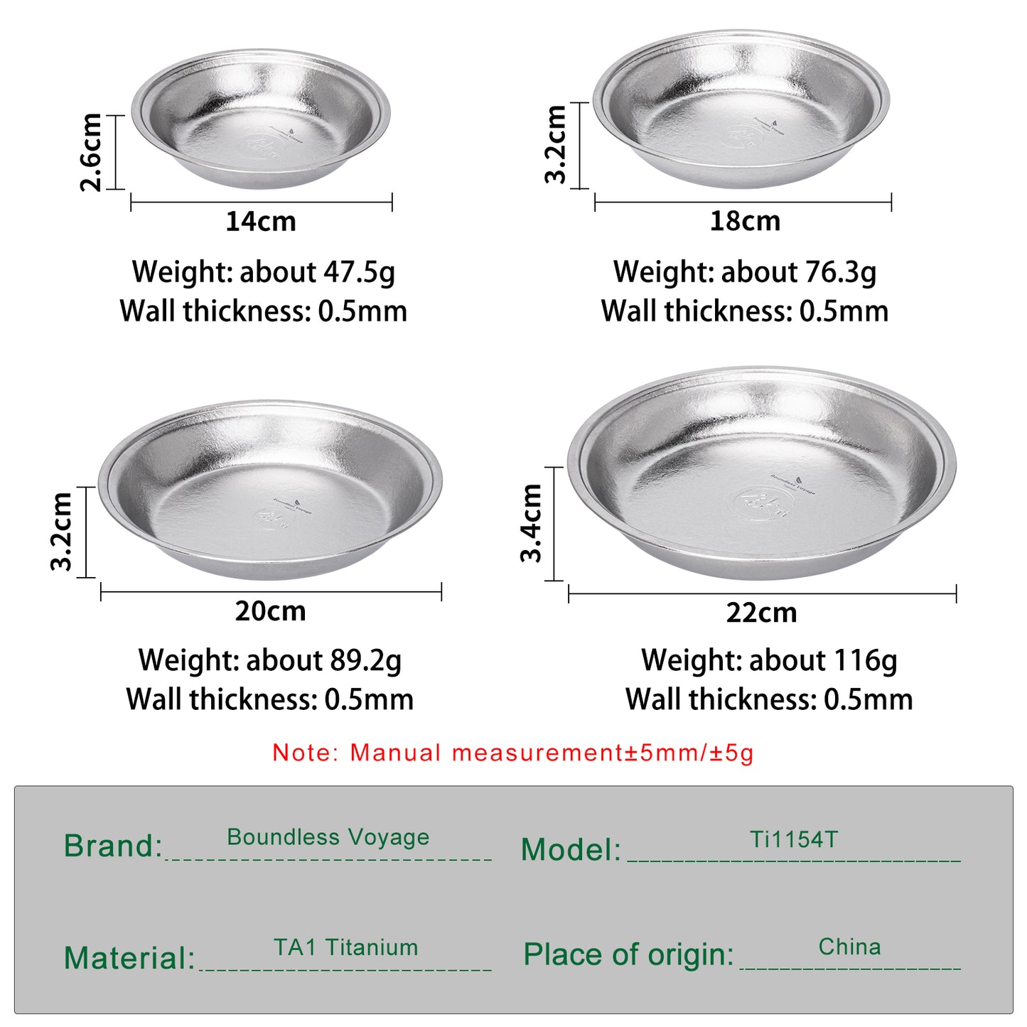 Boundless Voyage 4-Piece Titanium Plate Set – 14/18/20/22cm Ultralight Crystalline TA1 Dinner Plates for Camping, Picnic & Home