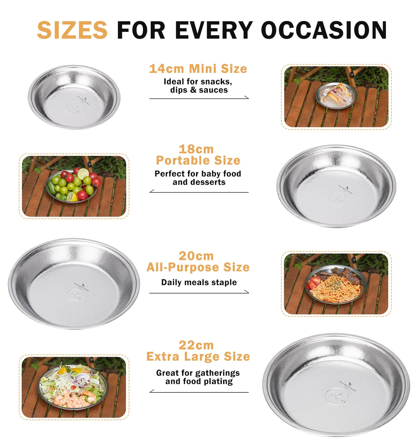 Boundless Voyage 4-Piece Titanium Plate Set – 14/18/20/22cm Ultralight Crystalline TA1 Dinner Plates for Camping, Picnic & Home