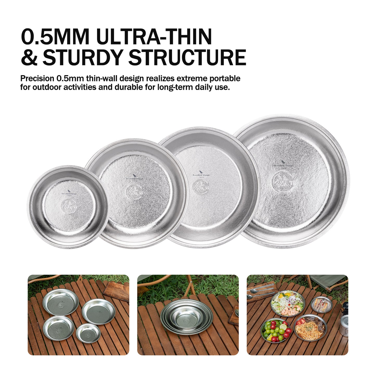 Boundless Voyage 4-Piece Titanium Plate Set – 14/18/20/22cm Ultralight Crystalline TA1 Dinner Plates for Camping, Picnic & Home
