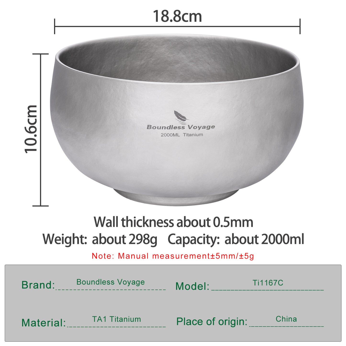 Boundless Voyage 2000ml Double-Wall Titanium Bowl – Extra-Large Ultralight Camping Bowl | Insulated No-Burn Grip, Pure Titanium for Group Meals & Outdoor Cooking